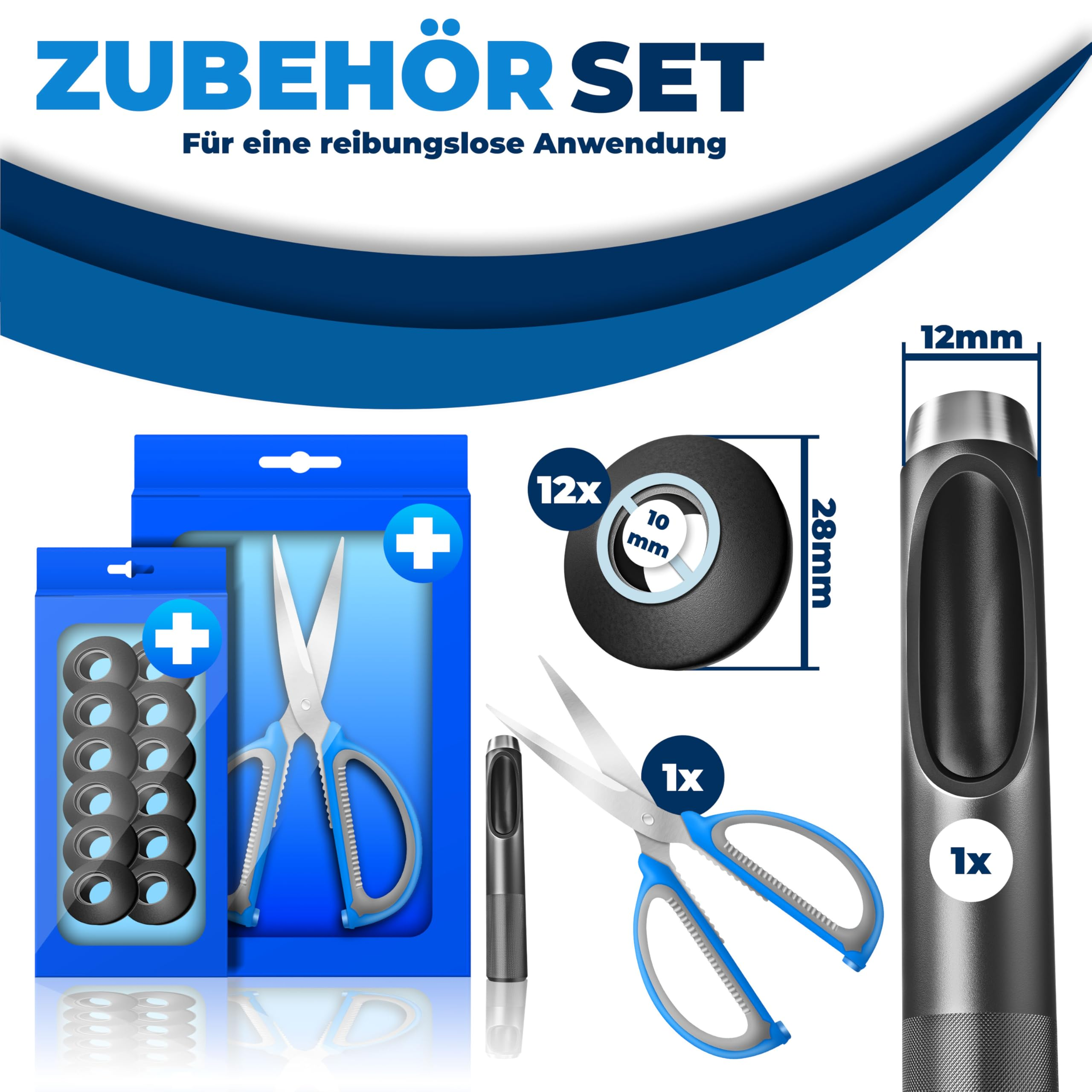 Kit d'accessoires avec ciseaux, 12 anneaux en caoutchouc et un outil, présenté avec dimensions et emballage.