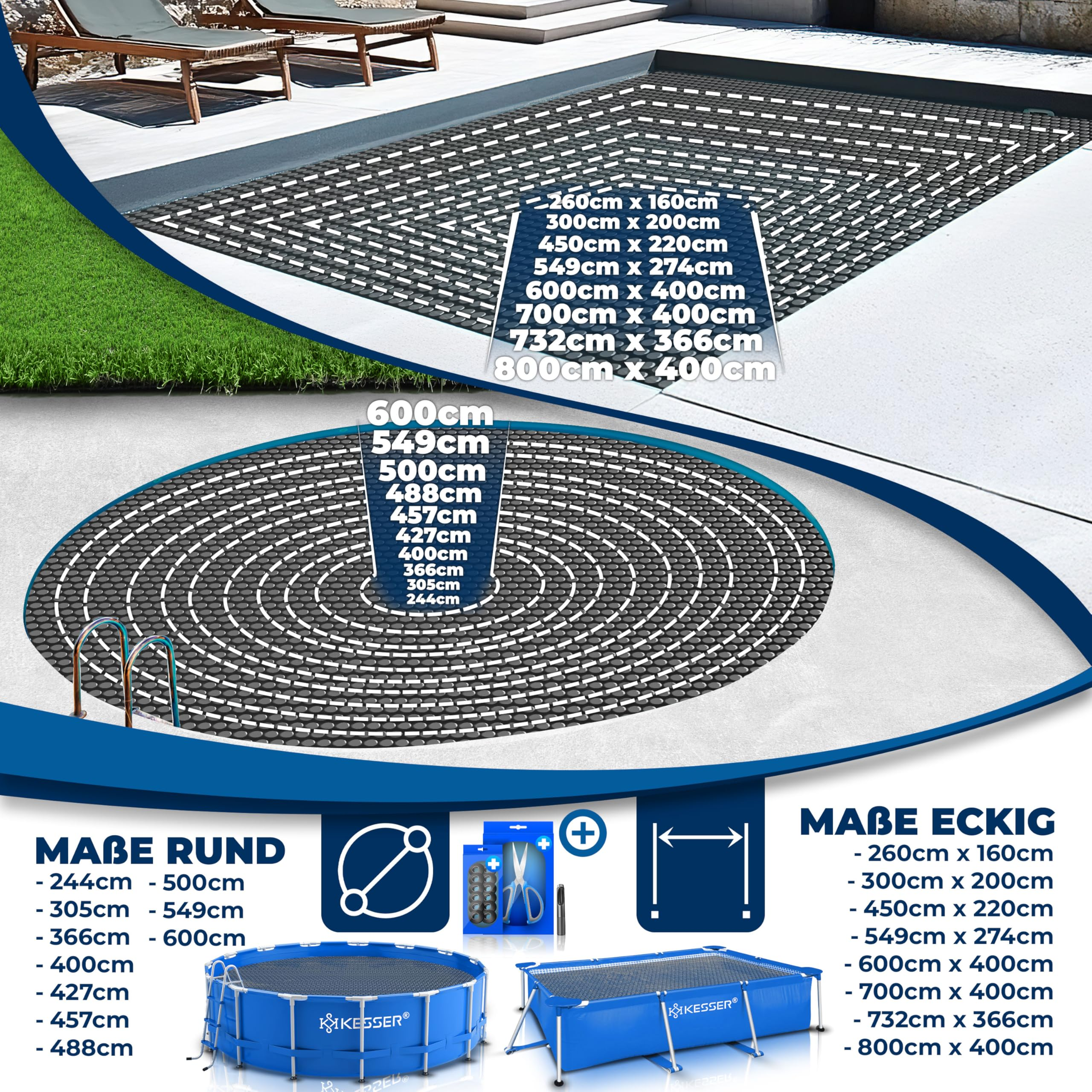 Chauffages solaires pour piscines rondes et rectangulaires avec dimensions.