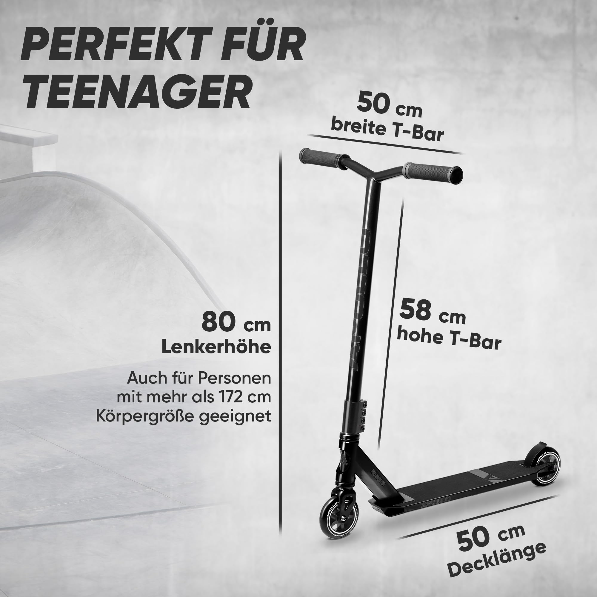 Une trottinette freestyle noire avec guidon en T sur fond gris, avec des mesures et du texte en allemand.