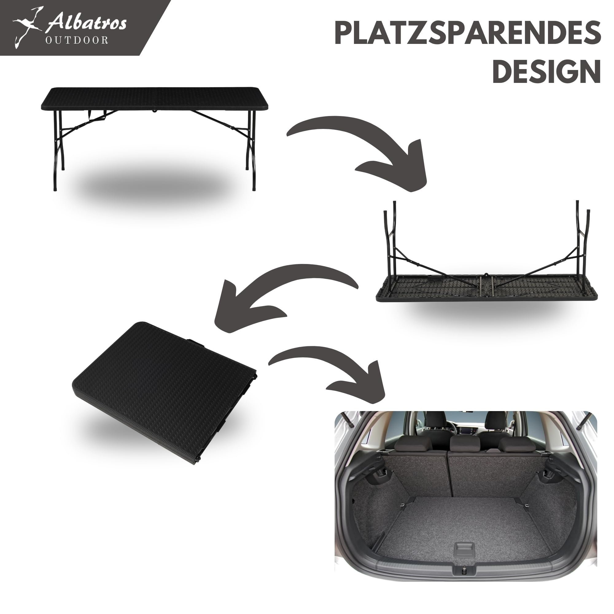 Ein faltbarer schwarzer Tisch, der zusammengeklappt in einen Autokofferraum passt.