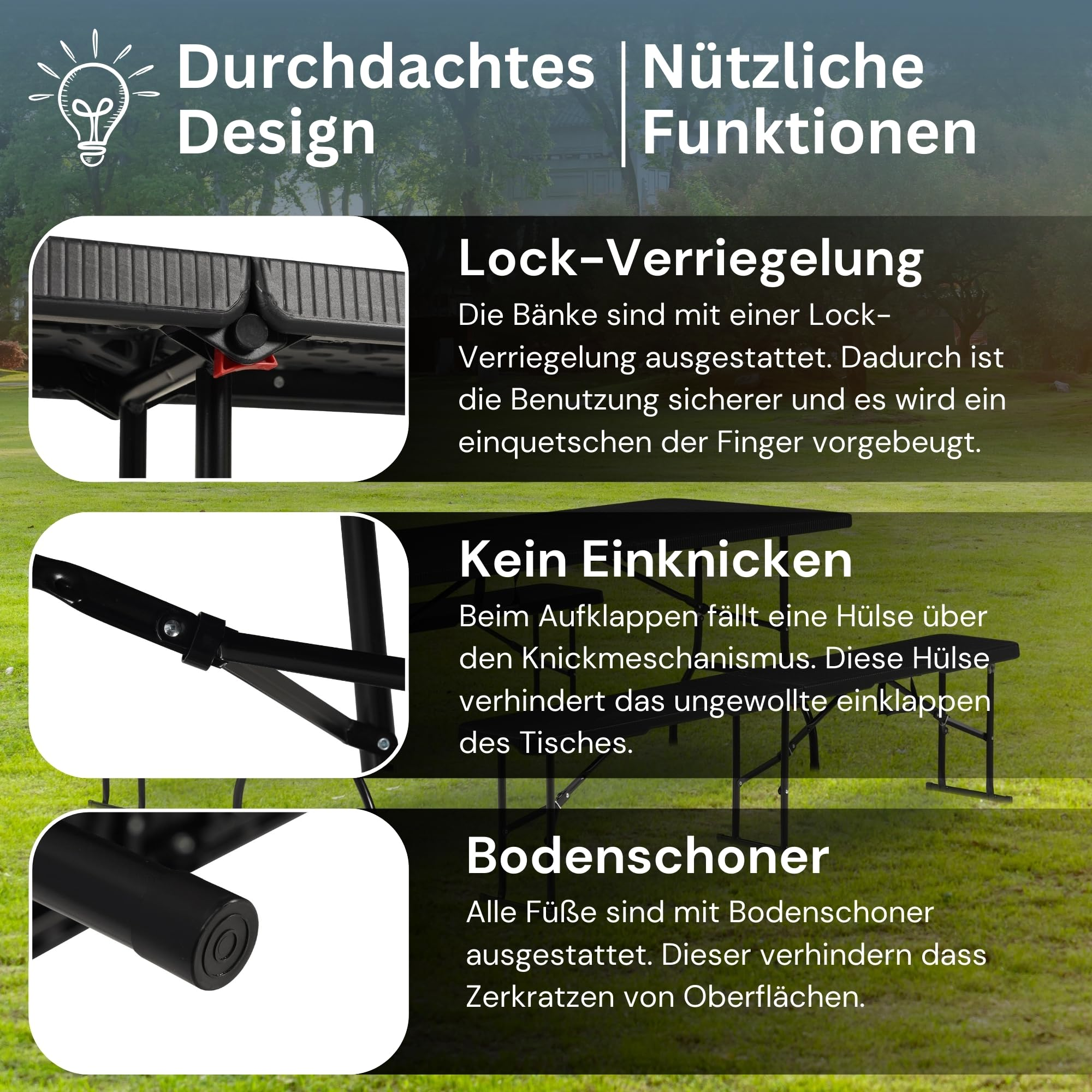 Infografik zeigt Sicherheitsmerkmale eines Klapptischs im Garten: Verriegelung, Scharniersicherung und Bodenschoner.