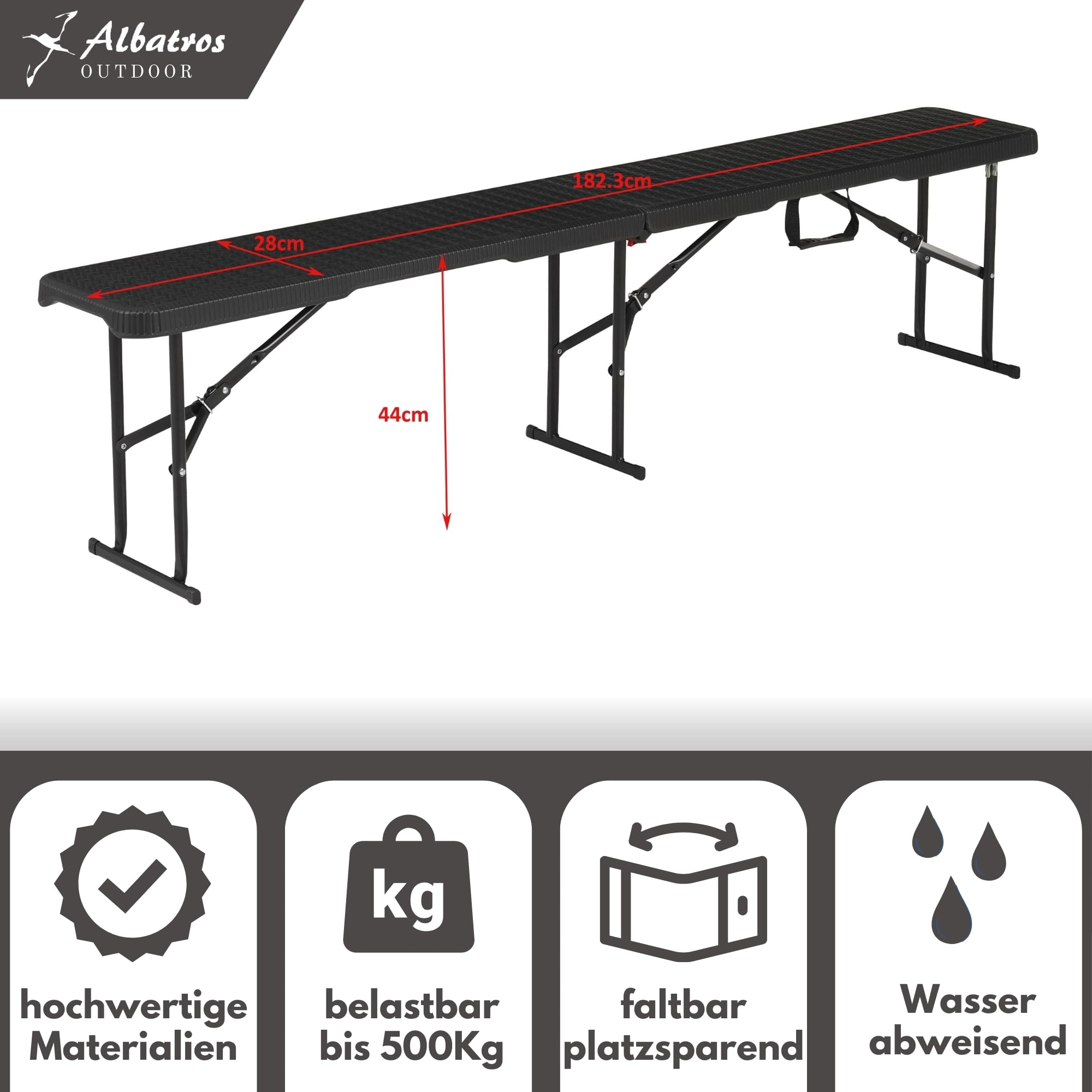 Lange schwarze Klappbank mit Maßen und vier Symbolen für Qualität, Belastbarkeit, Faltbarkeit und Wasserabweisung.
