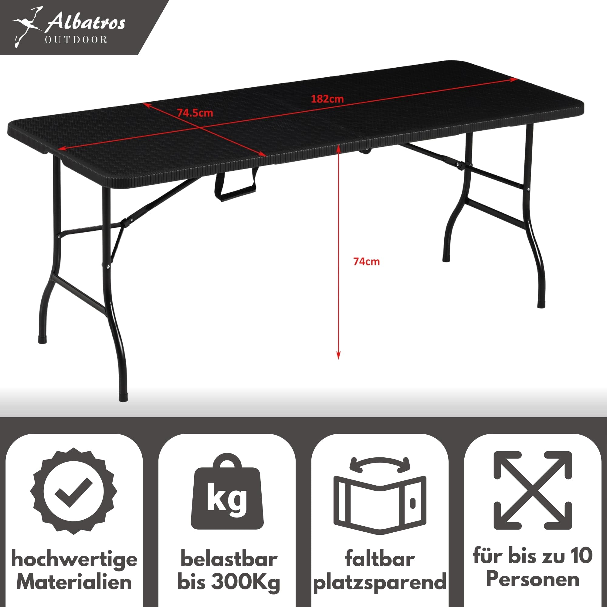 Ein schwarzer Klapptisch für den Außenbereich mit Maßen und Symbolen.