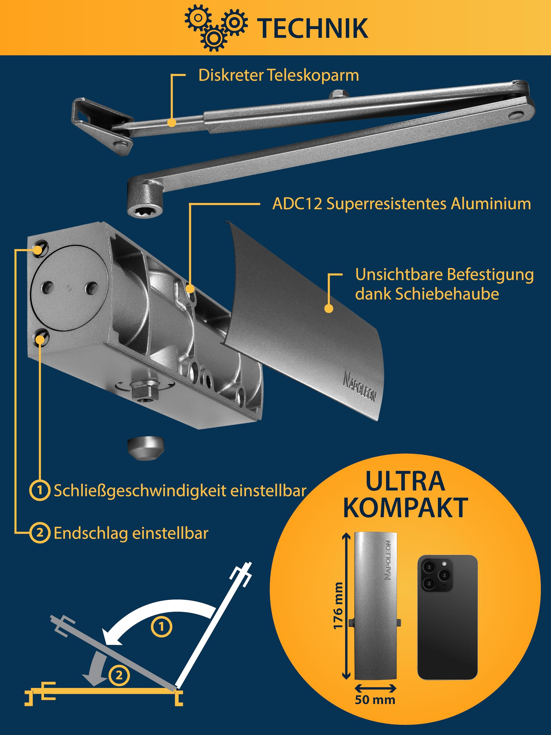 Technische Details eines kompakten silbernen Türschließers mit verstellbaren Funktionen.
