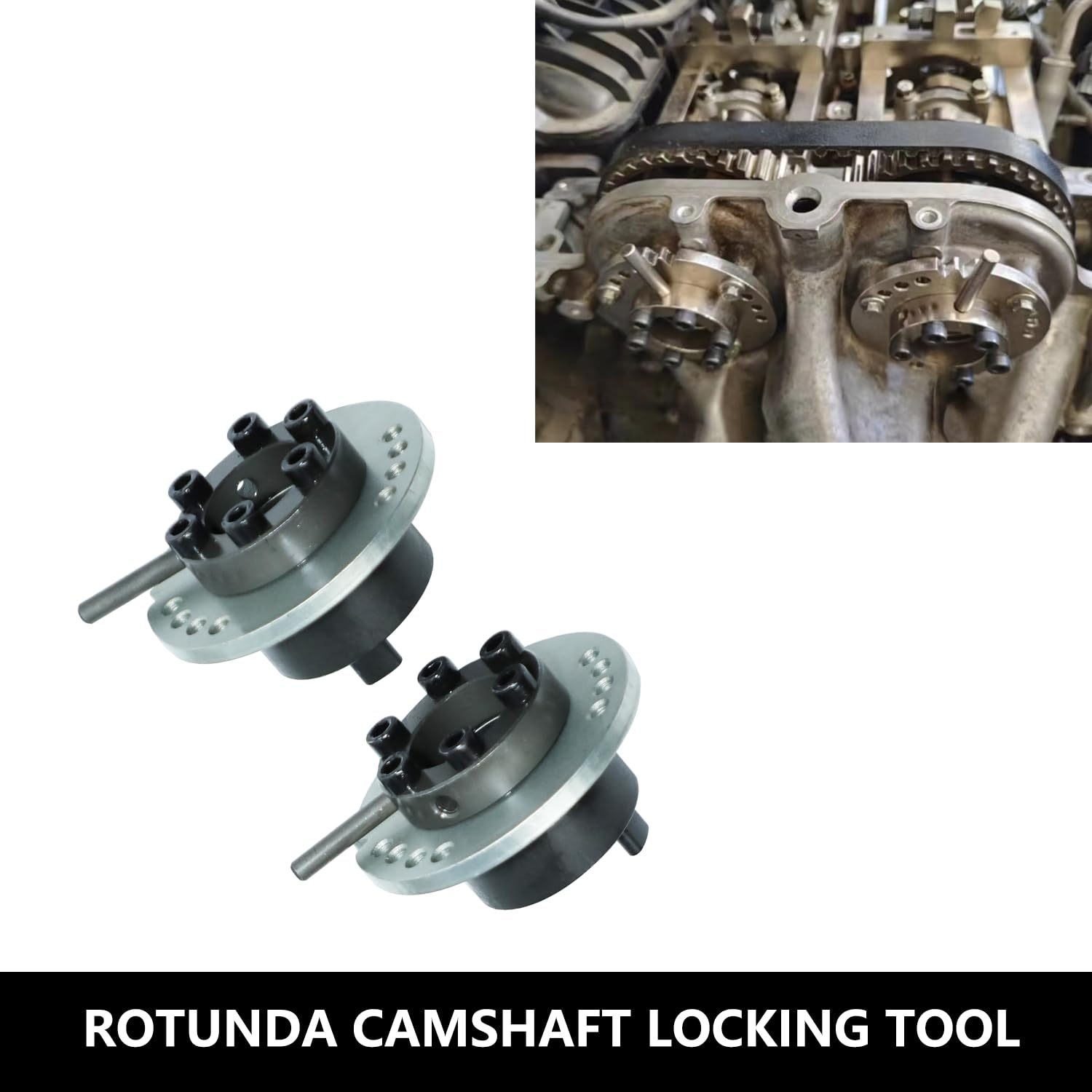 Rotunda Nockenwellen-Arretierwerkzeug mit zwei zylindrischen Werkzeugen und Anwendung auf einem Motor.