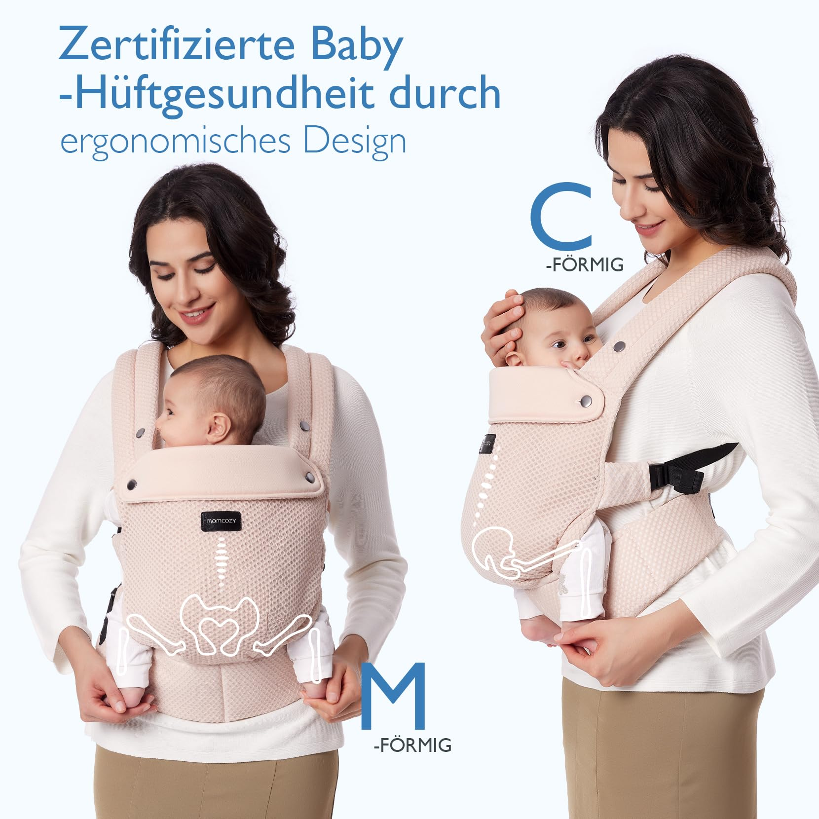 Una donna trasporta un neonato in un marsupio ergonomico color carne. Grafiche illustrano la postura corretta.