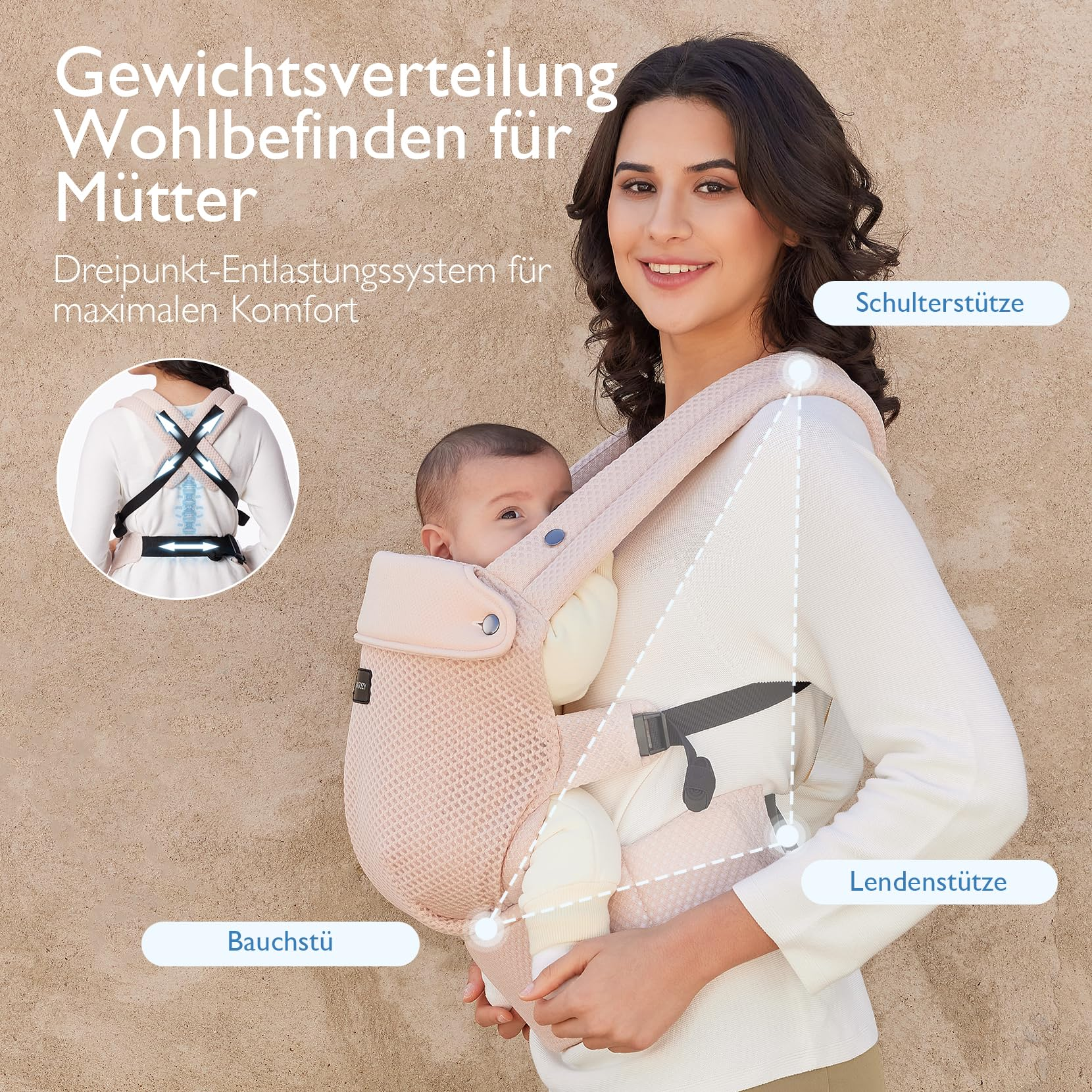 Una donna sorridente con marsupio beige tiene un bambino su sfondo neutro con testo in tedesco.