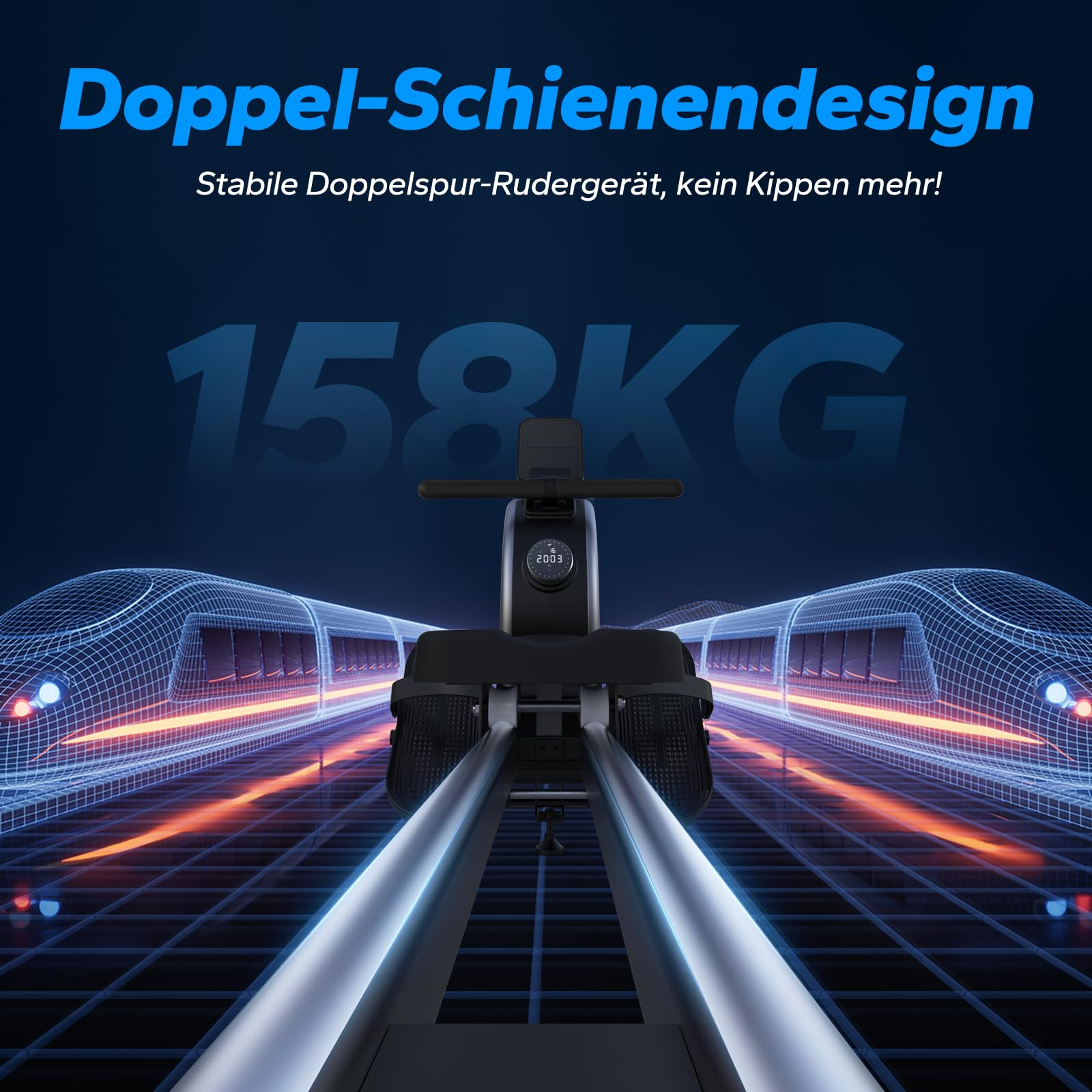 Ein Rudergerät mit Doppelschiene auf einer digitalen Zugstrecke mit dem Text Doppel-Schienendesign.