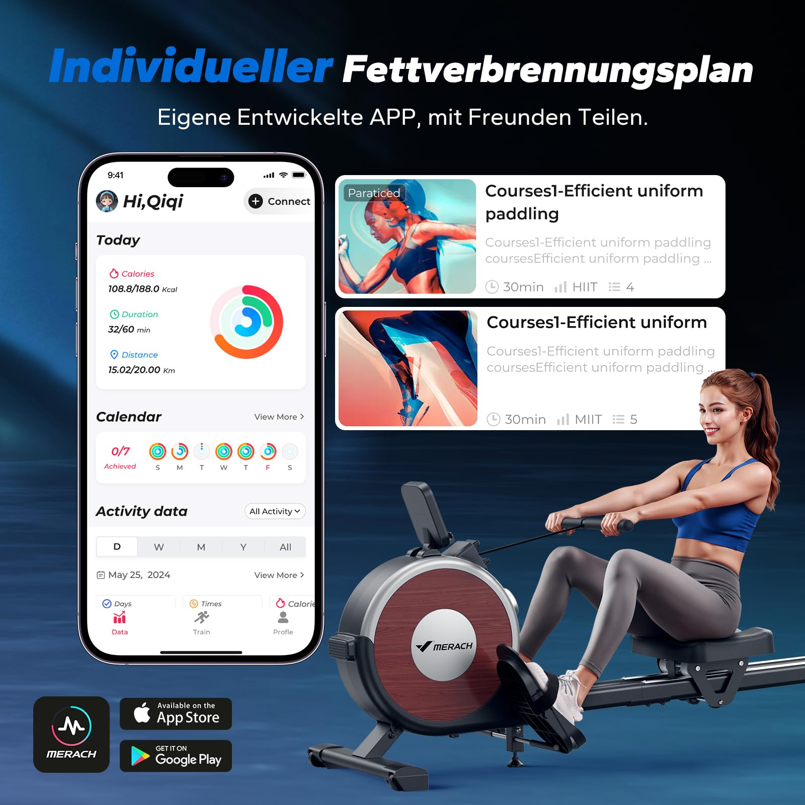 Eine Frau nutzt ein Merach-Rudergerät, begleitet von Fitness-App-Bildschirmen mit Trainingsdaten und Kursen.
