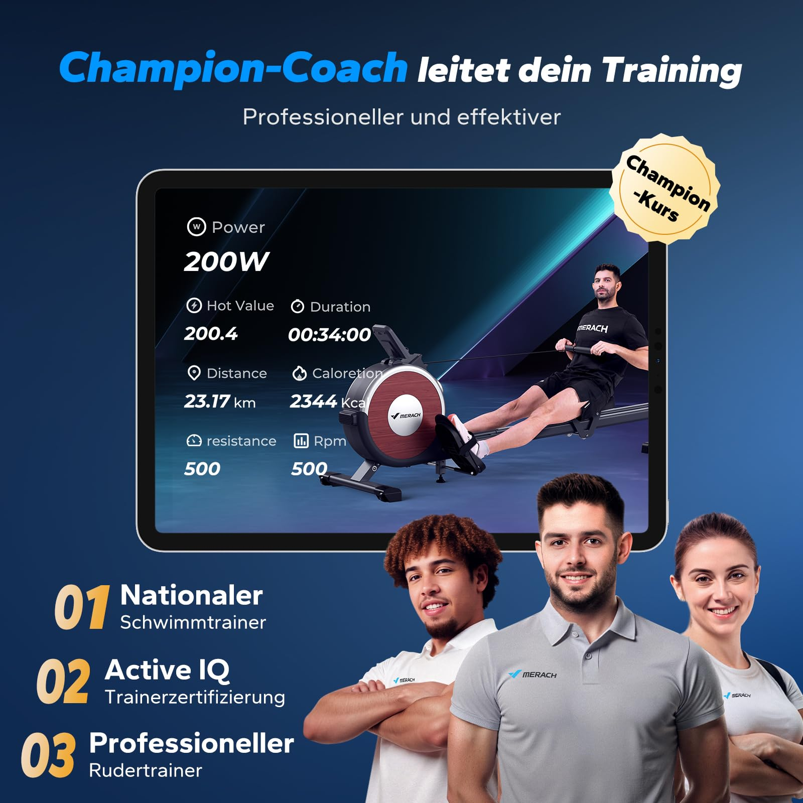 Ein Tablet zeigt Ruderstatistiken mit einem Trainer im Hintergrund und drei Trainern unten auf blauem Hintergrund.