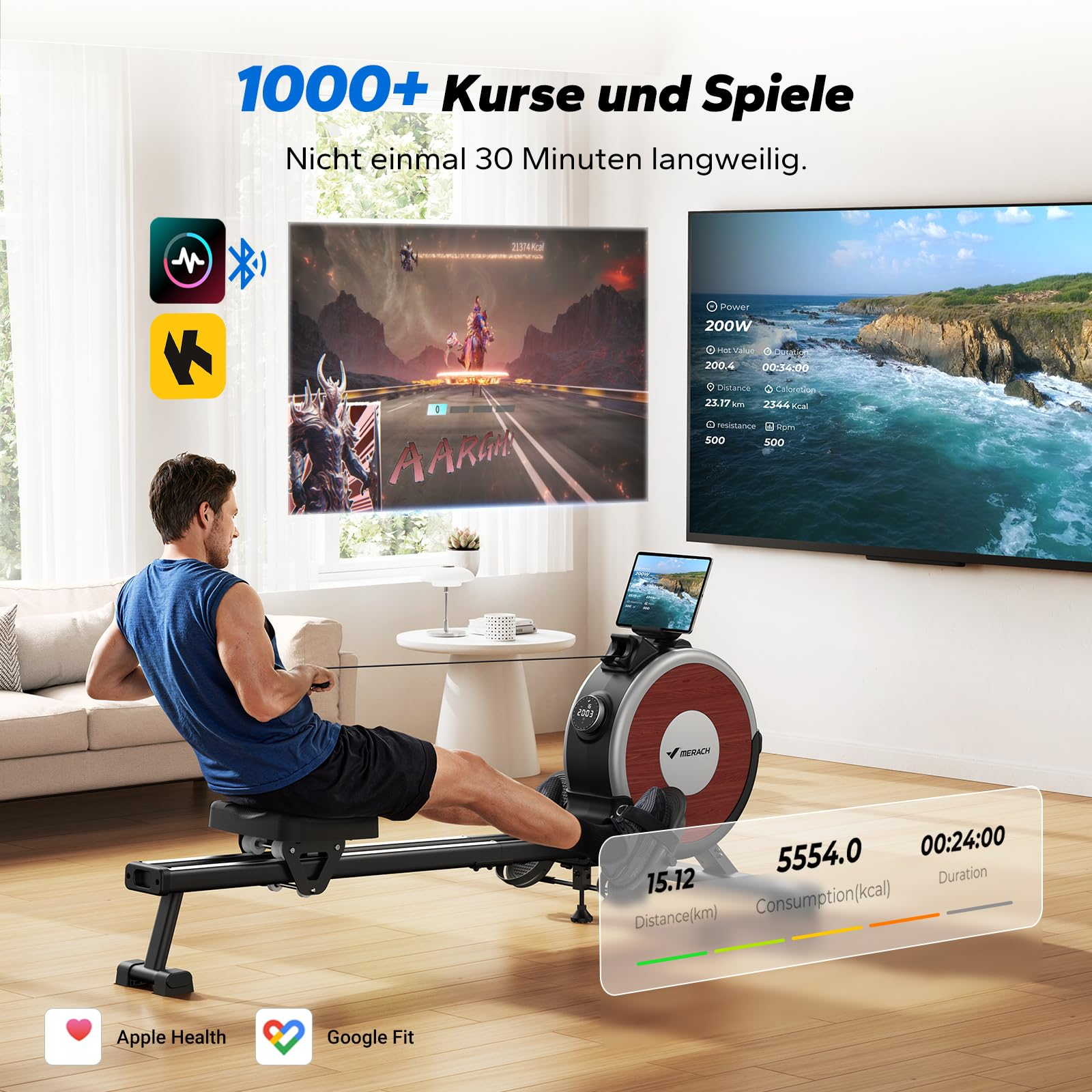 Ein Mann trainiert im Wohnzimmer auf einem Rudergerät vor zwei Bildschirmen mit Trainingsdaten und einer Spielgrafik.