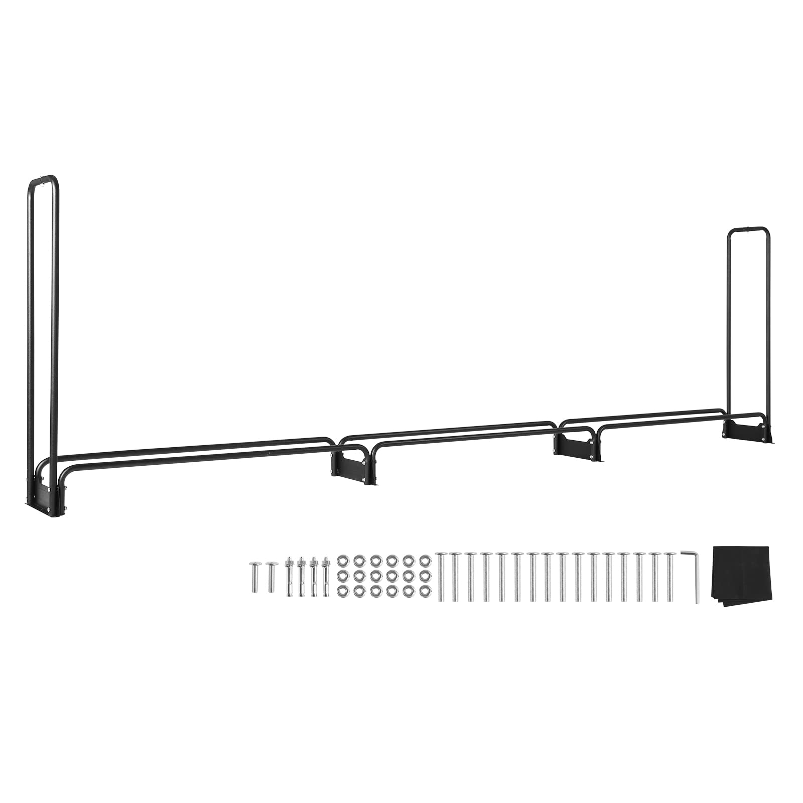 Long porte-bûches en métal noir avec vis et outils affichés en dessous.