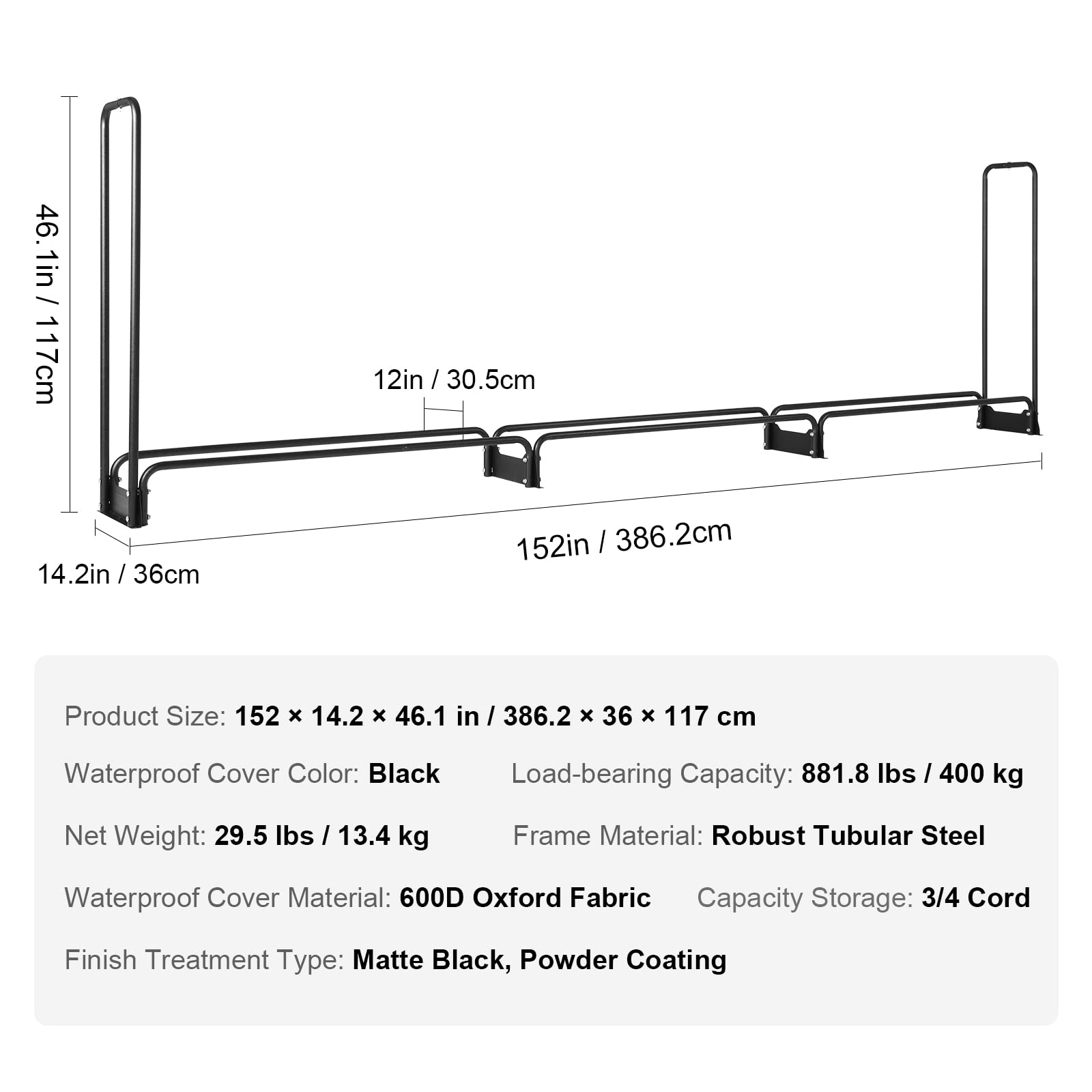 Schéma d'un porte-bûches en acier noir avec dimensions et spécifications du produit.