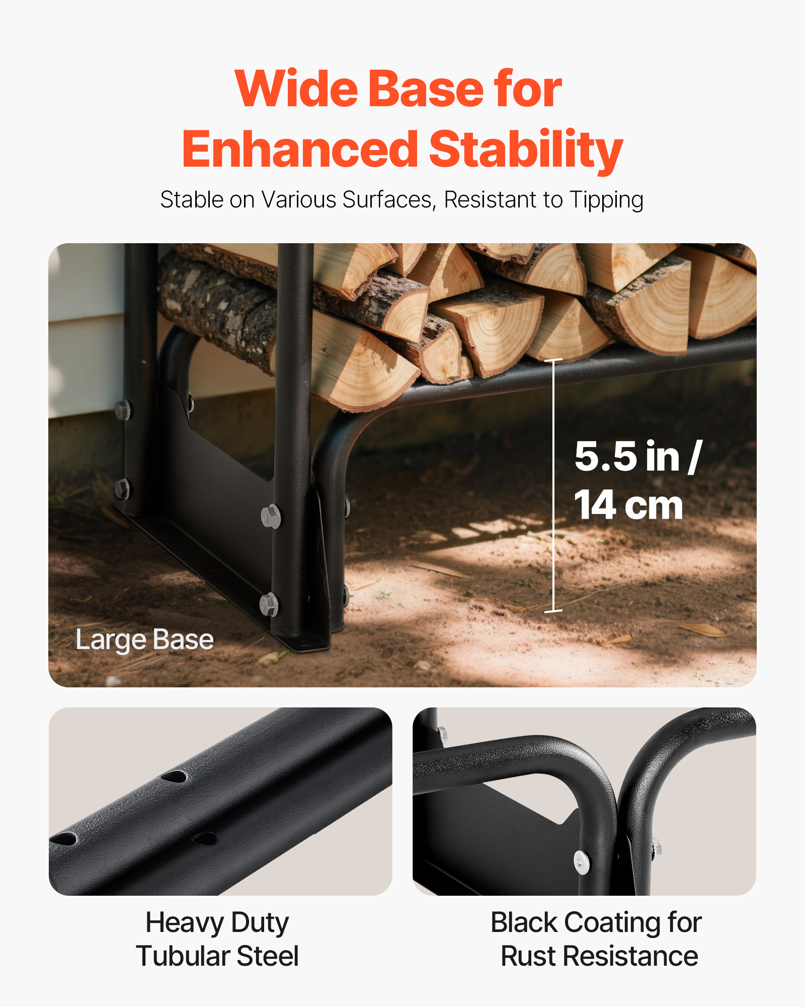Porte-bûches robuste en acier noir avec grande base et 5,5 pouces de hauteur.