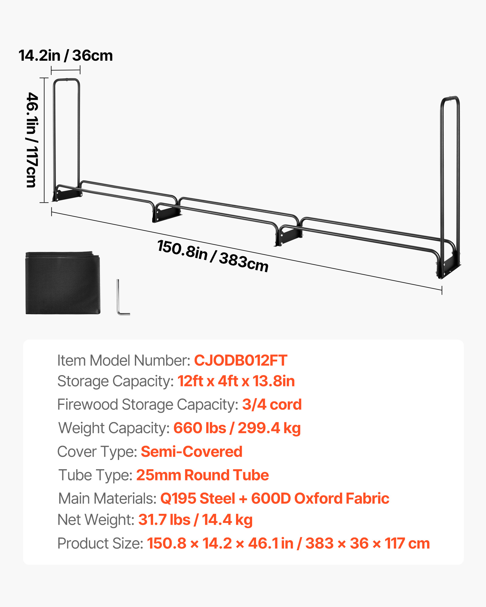 Diagramm eines schwarzen Holzregals mit Maßen und Produktspezifikationen.