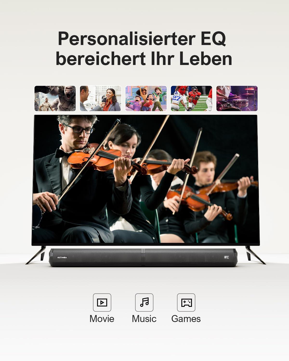 Un téléviseur avec barre de son affiche un orchestre, entouré d'icônes de films, musique et jeux.