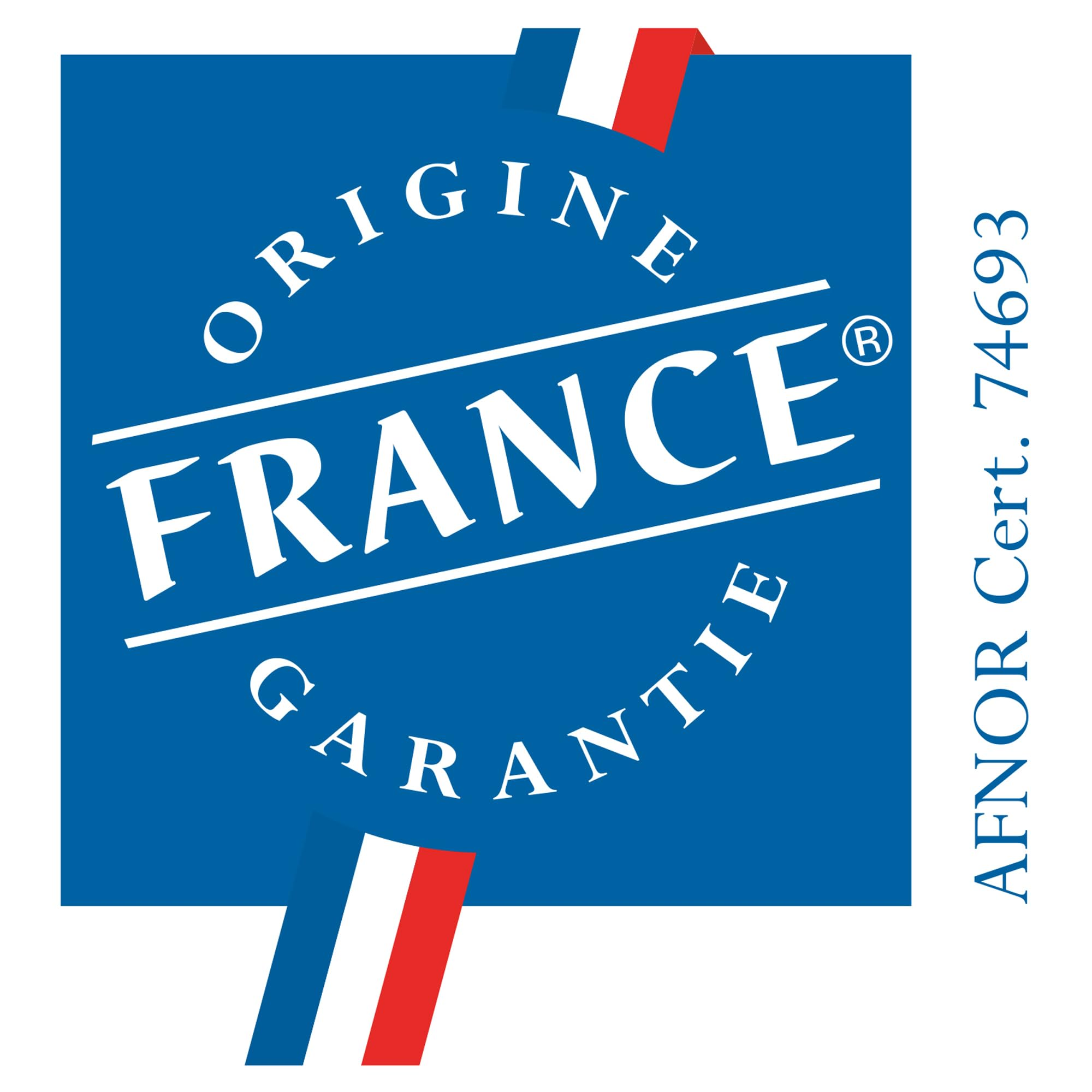 Logo Origine France Garantie sur fond bleu avec un design de drapeau français.