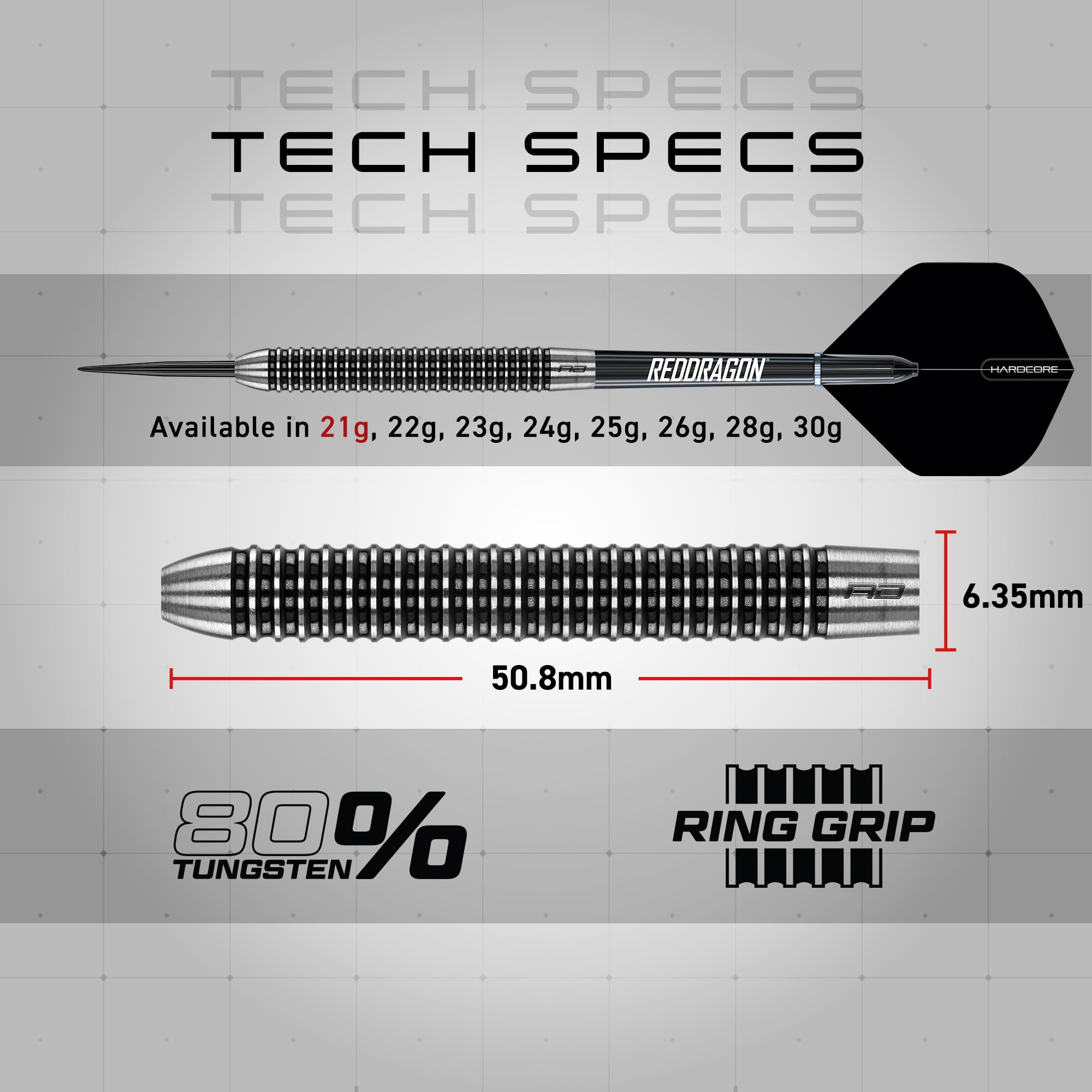 Technische Daten eines Red Dragon Dartpfeils mit Maßen 50,8x6,35mm, 80% Wolfram und Ring-Grip-Design.