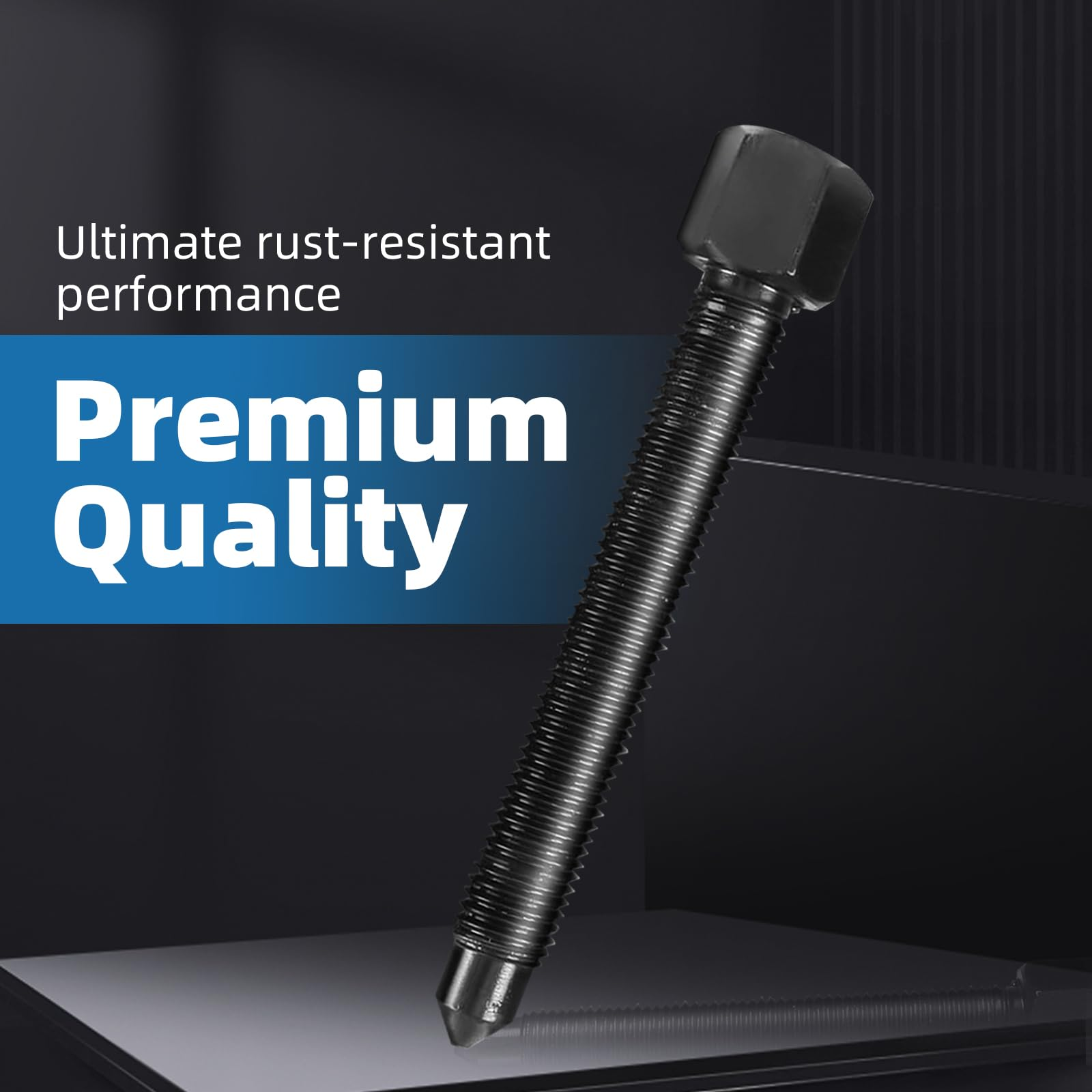 Eine schwarze Gewindestange vor dunklem Hintergrund mit den Texten Premium Quality und Ultimate rust-resistant performance.