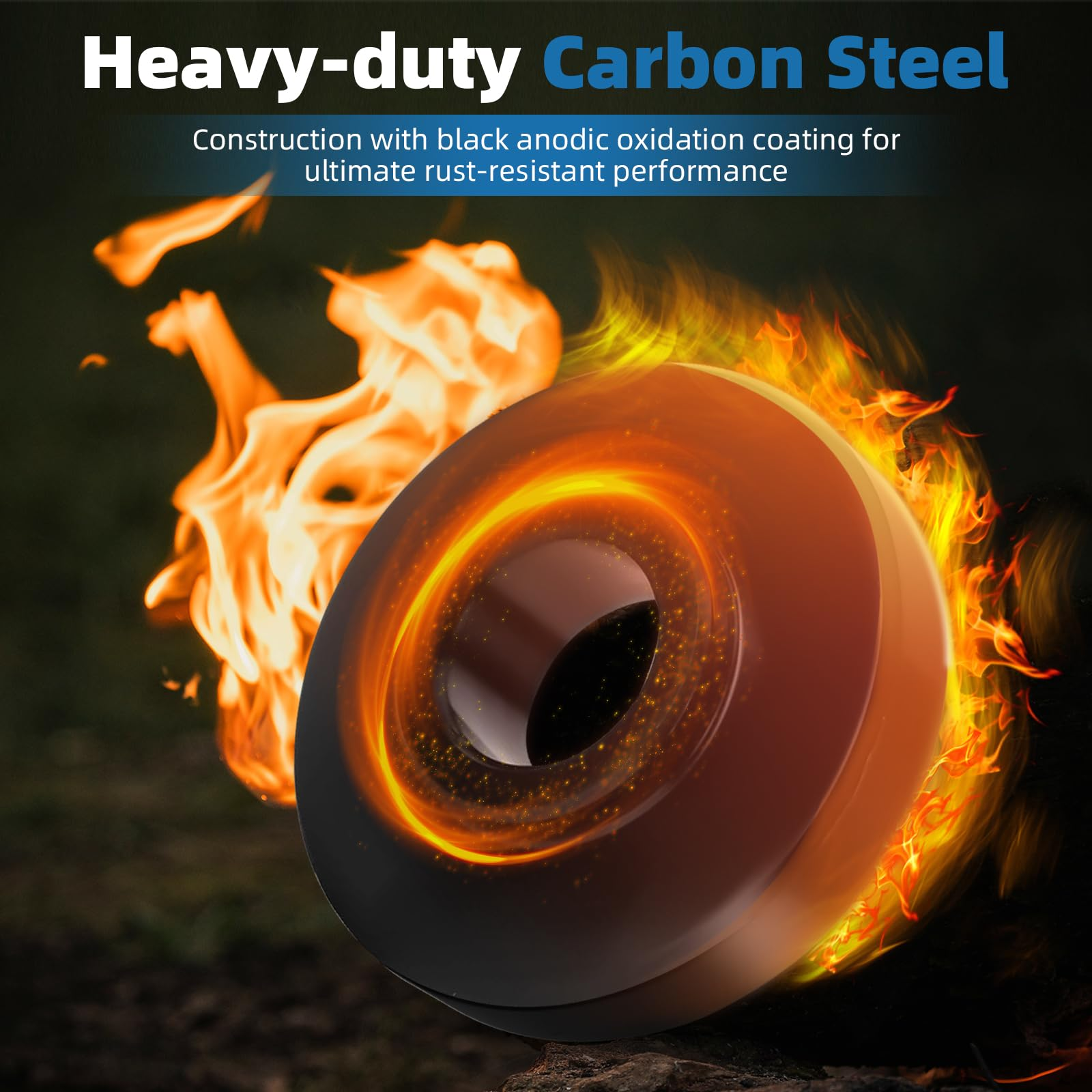 Kohlenstoffstahl-Teil im Feuer mit Text 'Heavy-duty Carbon Steel'.