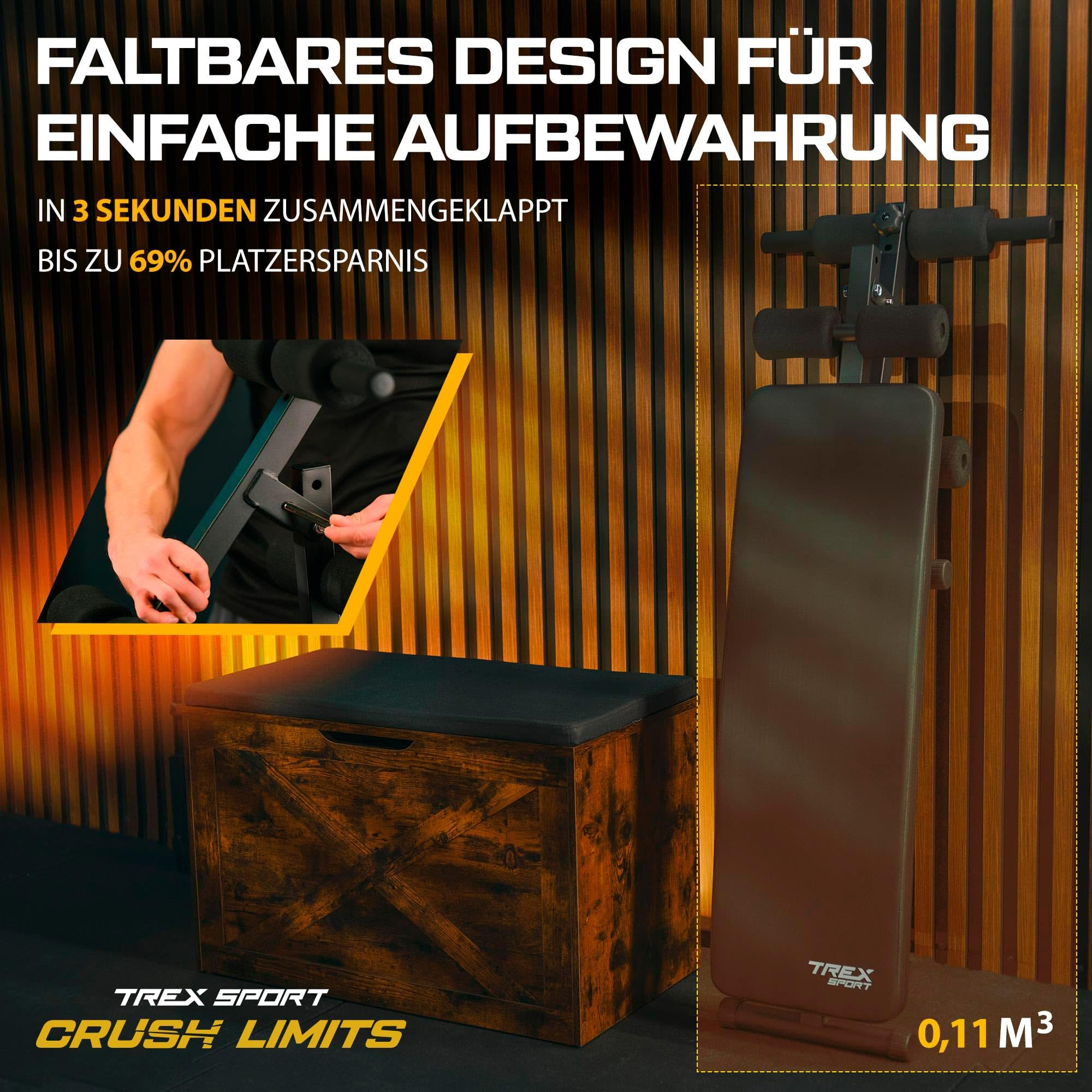 Faltbare Fitnessbank neben einer Holz-Aufbewahrungsbox vor einer Holzlamellenwand.
