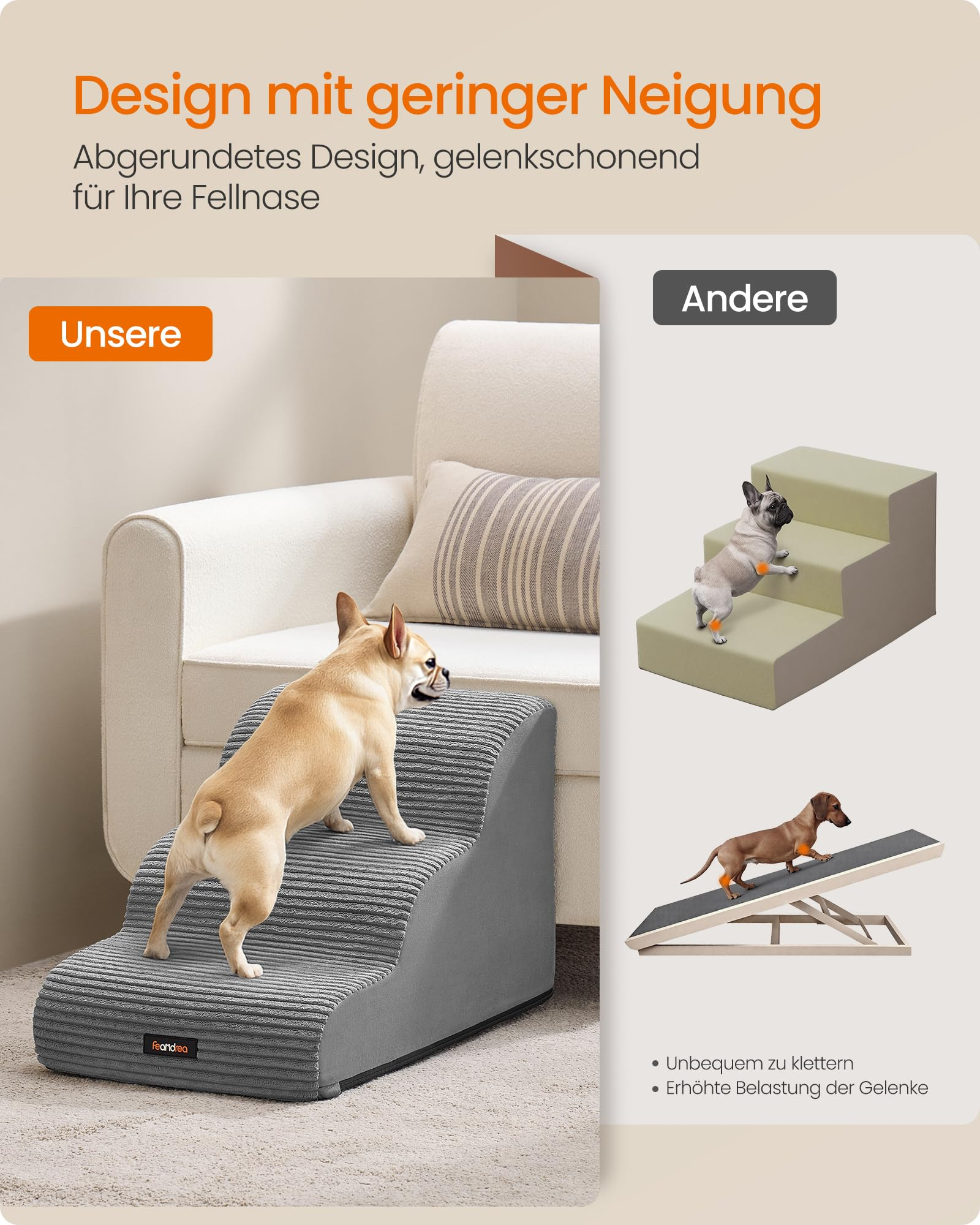 Comparaison d'escaliers pour chiens : marches en pente douce par rapport à d'autres modèles plus raides.