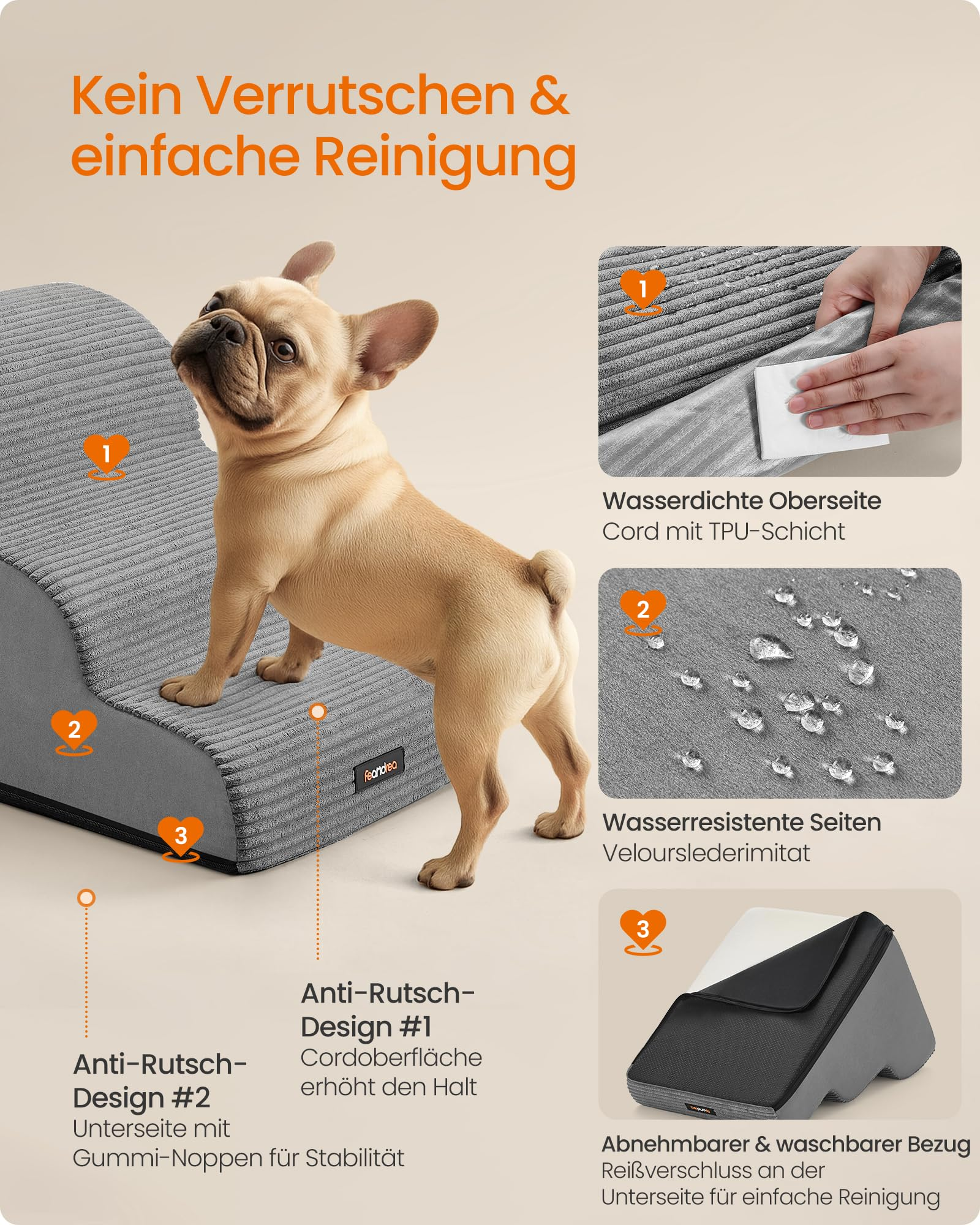 Bouledogue français sur escalier gris pour animaux, montrant le nettoyage, l'imperméabilité et la housse amovible.