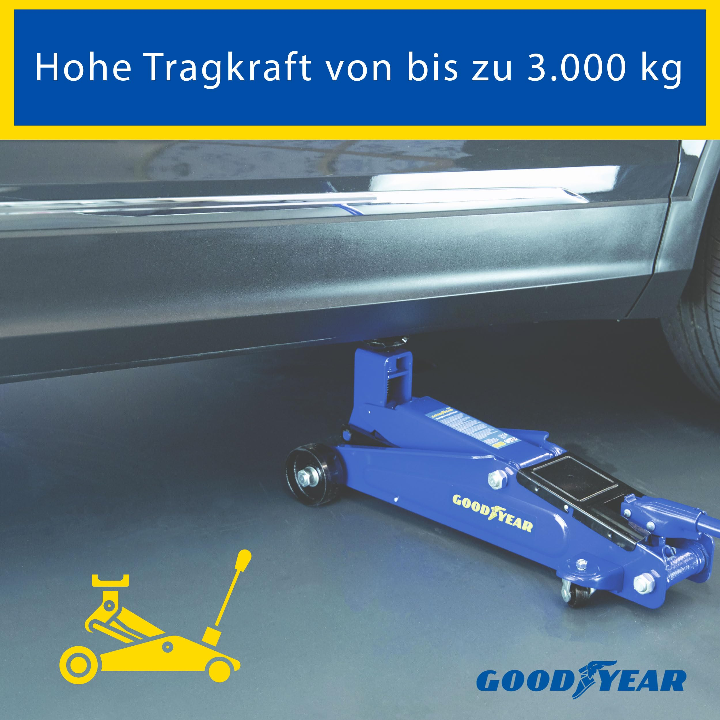 Un cric per auto Goodyear blu solleva un'auto scura, con del testo.