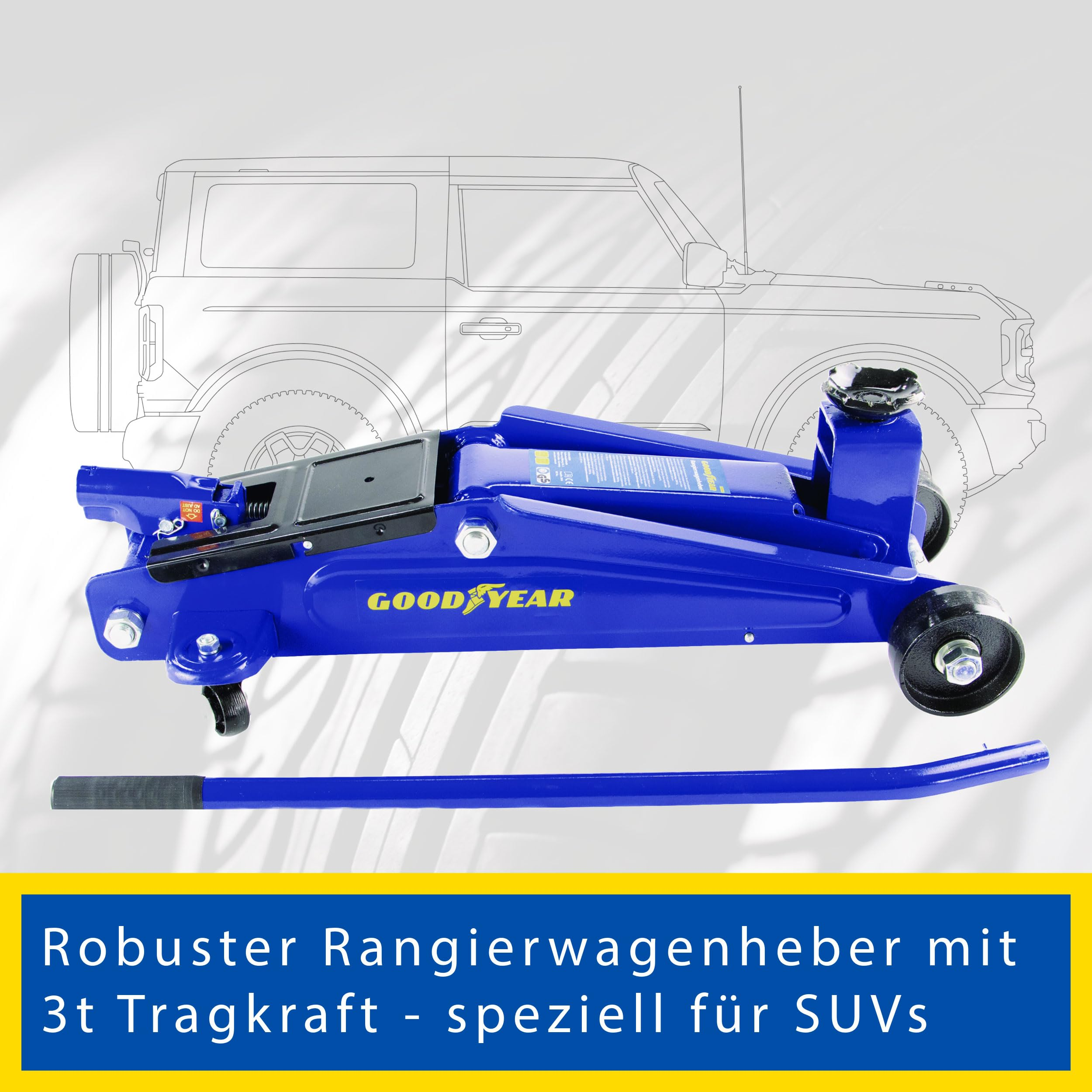 Un cric idraulico blu Goodyear da 3t davanti a un disegno di SUV.