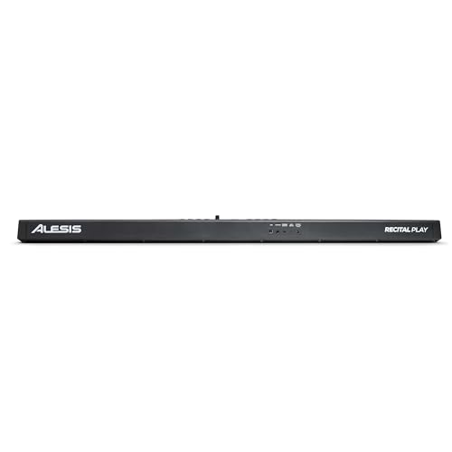 Rückseite eines schwarzen Alesis Recital Play Keyboards auf weißem Hintergrund.