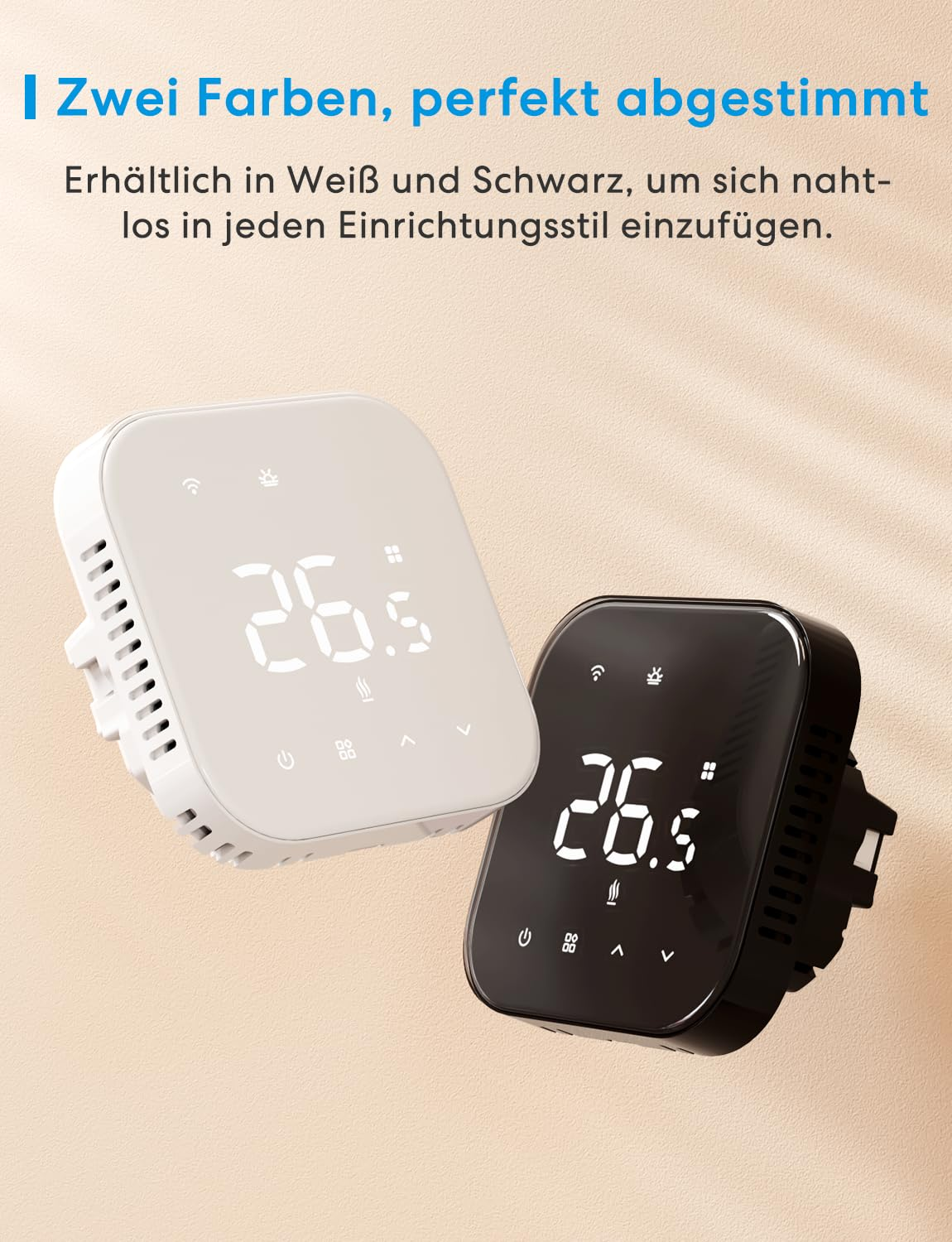 Zwei moderne Thermostate in Weiß und Schwarz auf beigem Hintergrund mit digitaler Anzeige von 26,5 Grad.