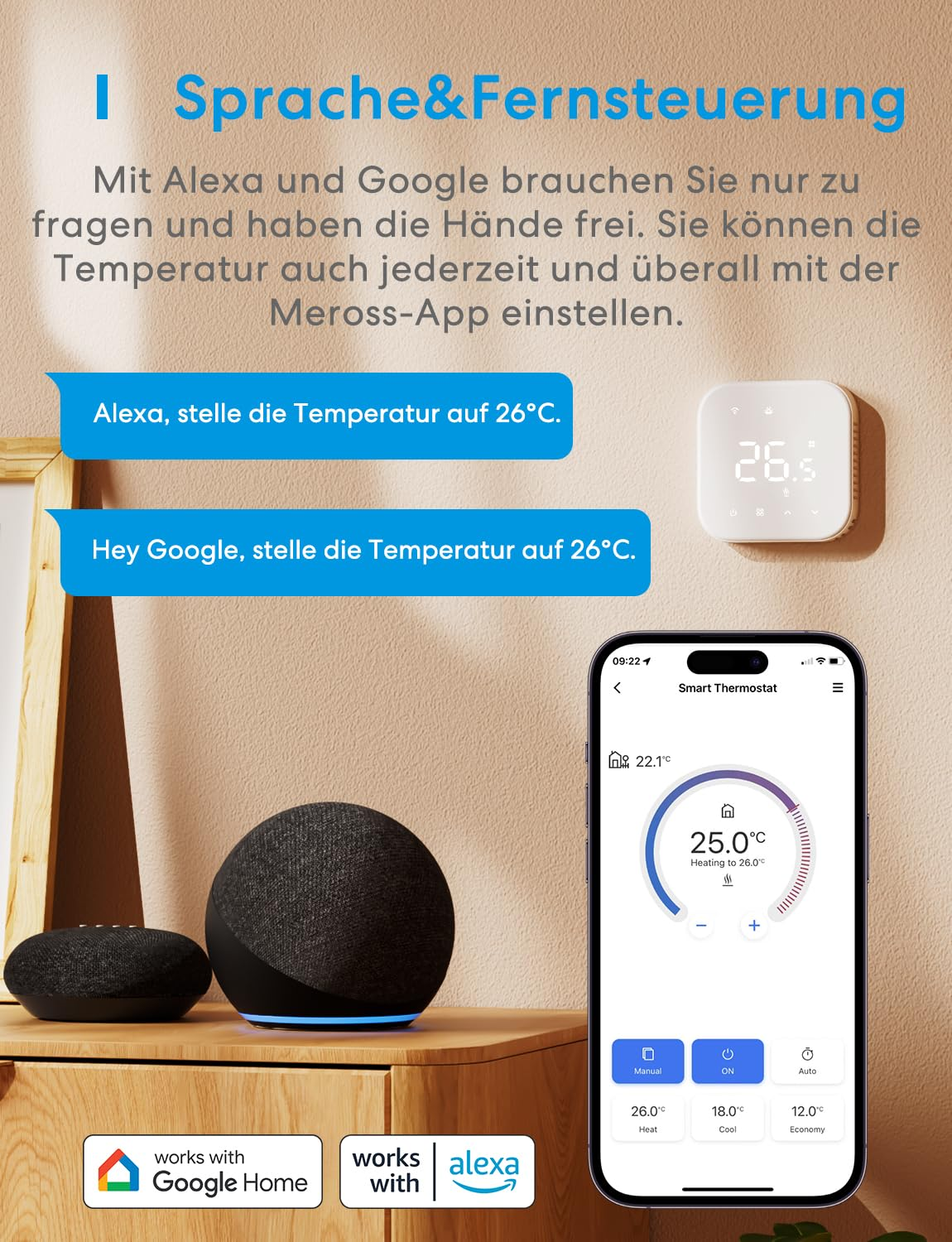 Smarthome-Thermostat, Sprachassistenten und Smartphone-App auf einem Holztisch.