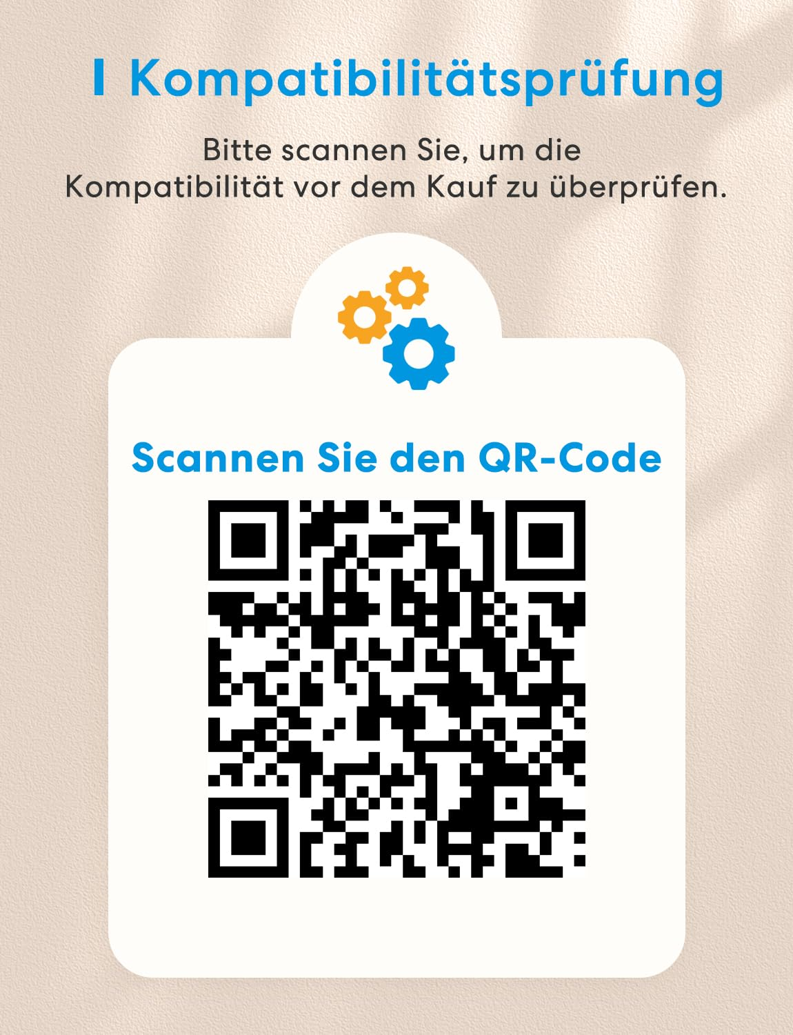 Ein QR-Code zur Kompatibilitätsprüfung mit Zahnrädern und Text auf hellem Hintergrund.