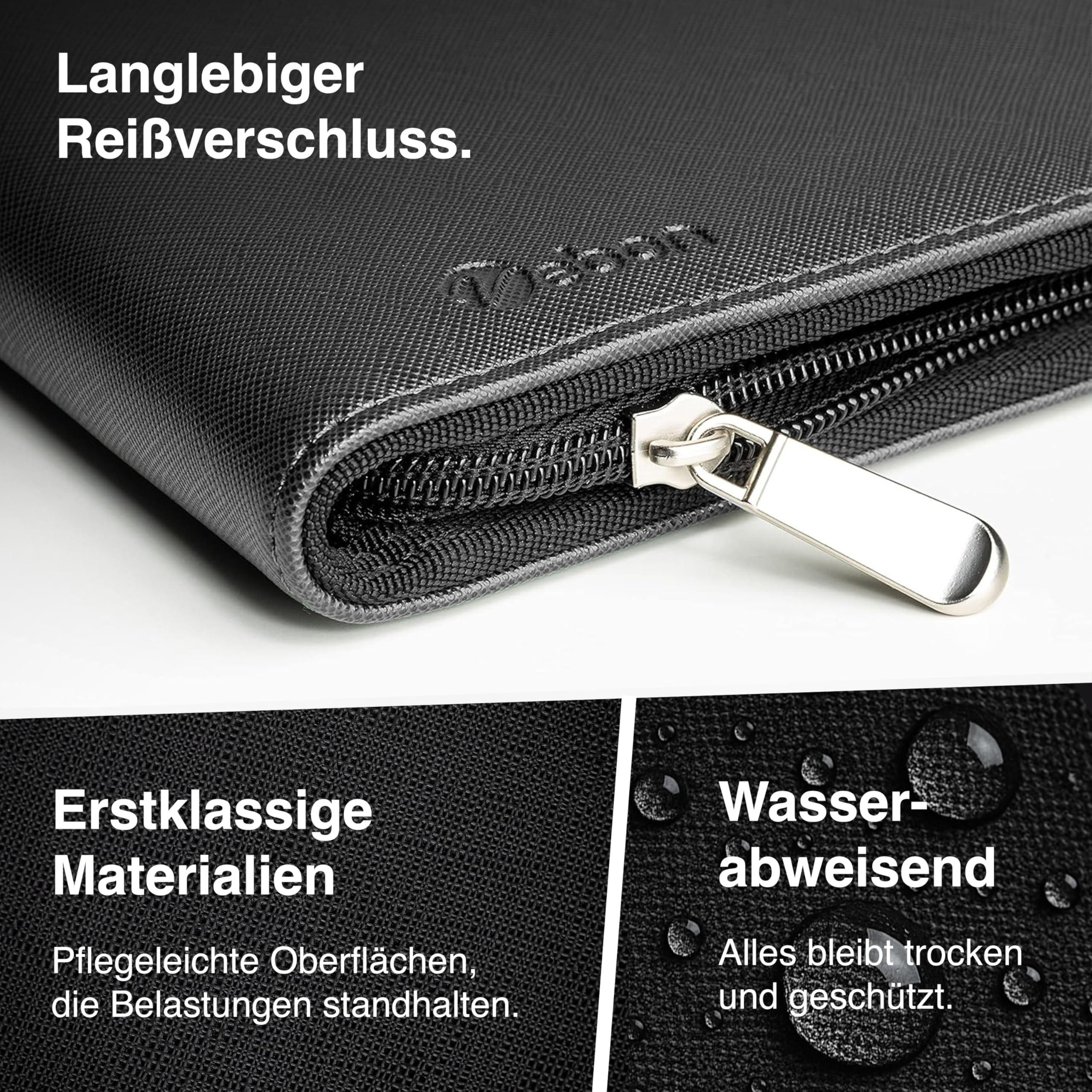 Primo piano di una borsa in tessuto nero con cerniera e gocce d'acqua sulla superficie, con testo.