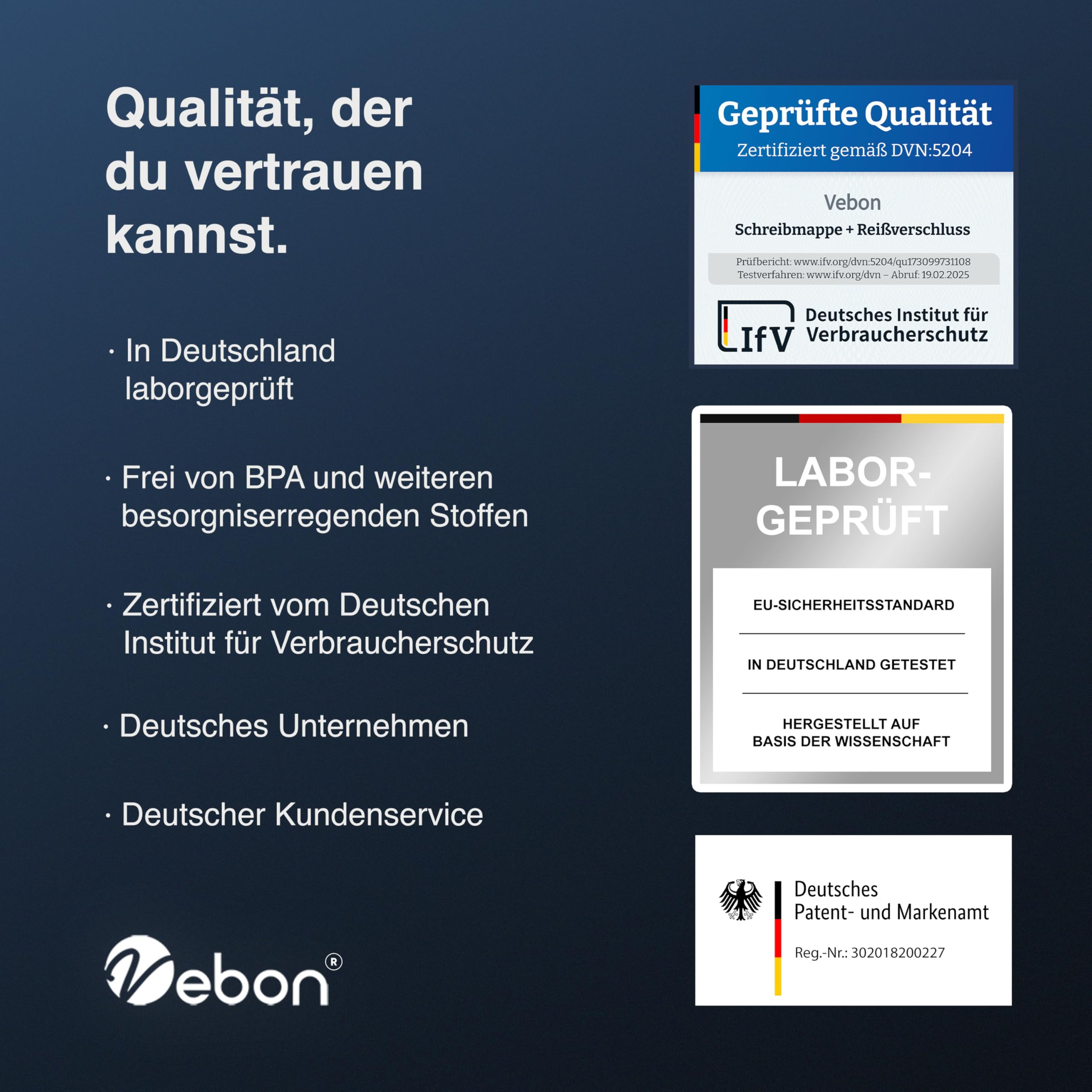 Grafica promozionale con testo su qualità tedesca, test di laboratorio e certificati.