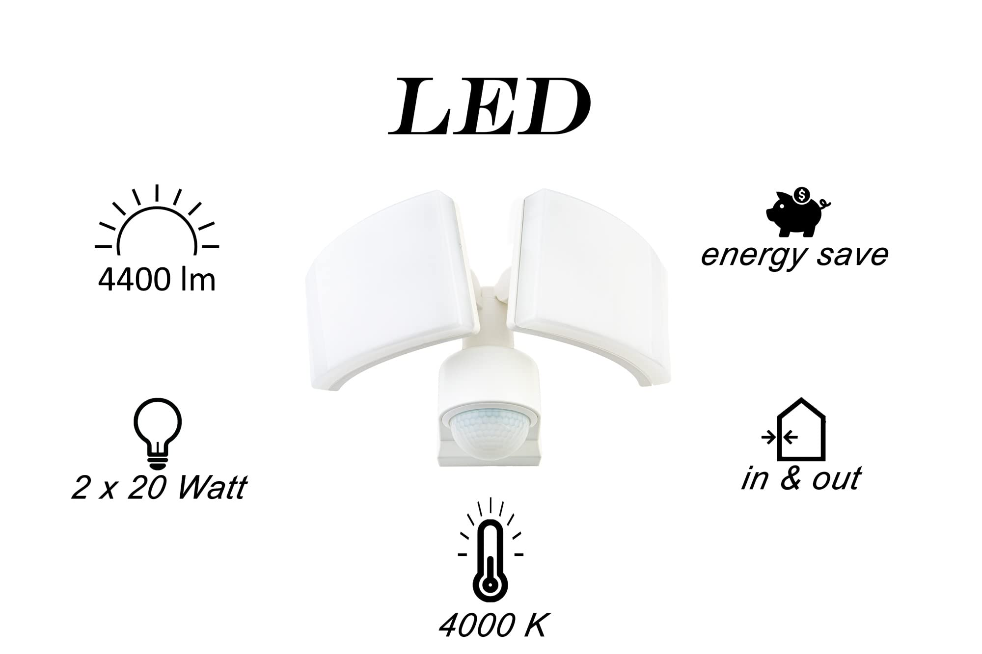 Faretto LED bianco con due teste regolabili, sensore di movimento e icone per luminosità e potenza.