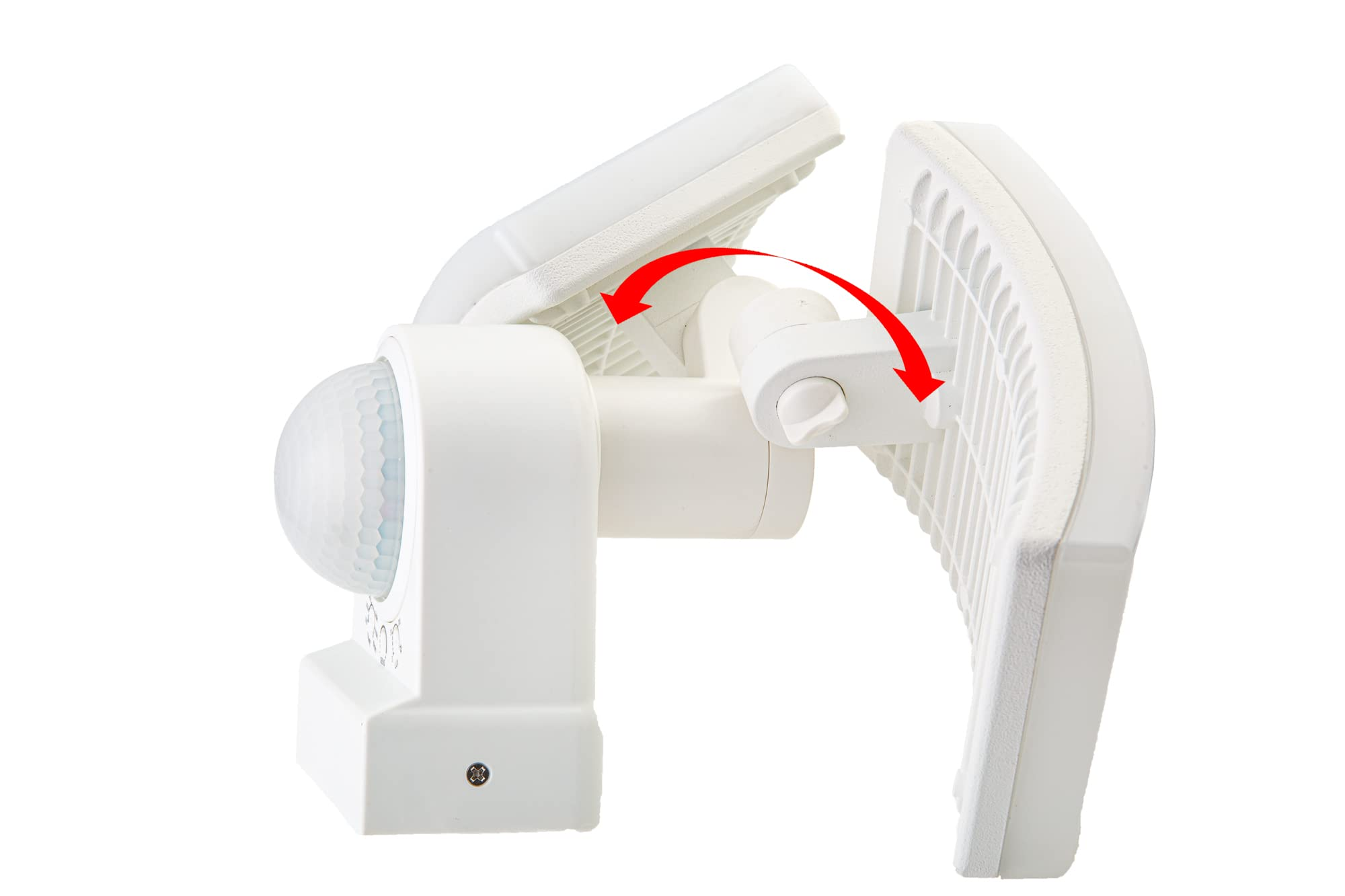 Sensore di movimento bianco con testina luminosa regolabile e arco direzionale rosso su sfondo bianco.