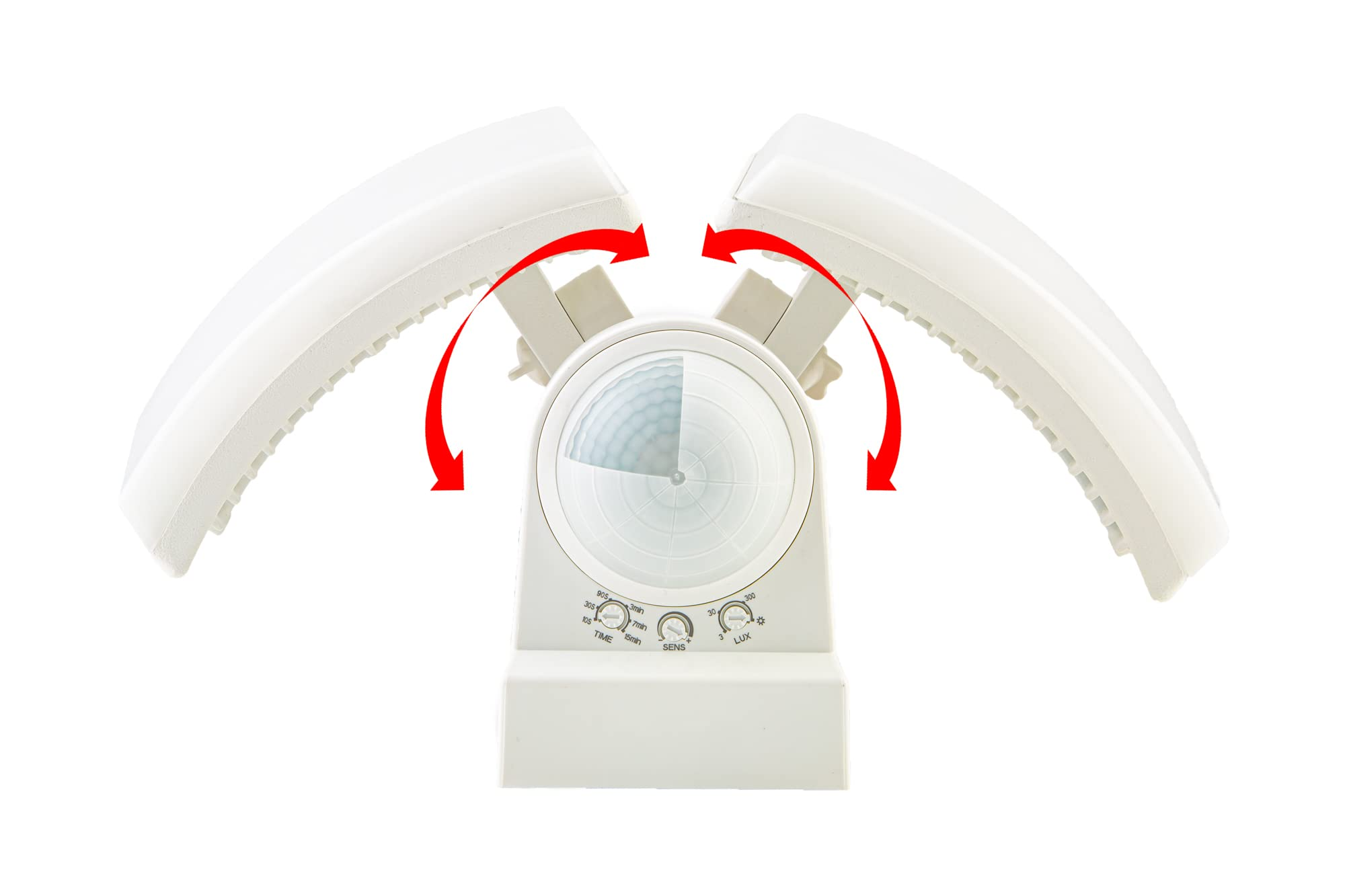 Sensore di movimento bianco con due teste luce LED regolabili e frecce rosse.