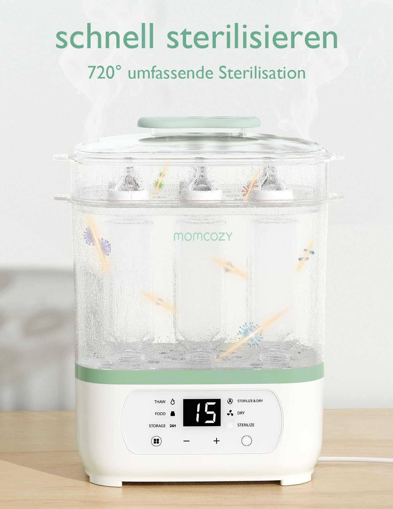 Un stérilisateur de biberons Momcozy avec vapeur et affichage numérique sur une table.