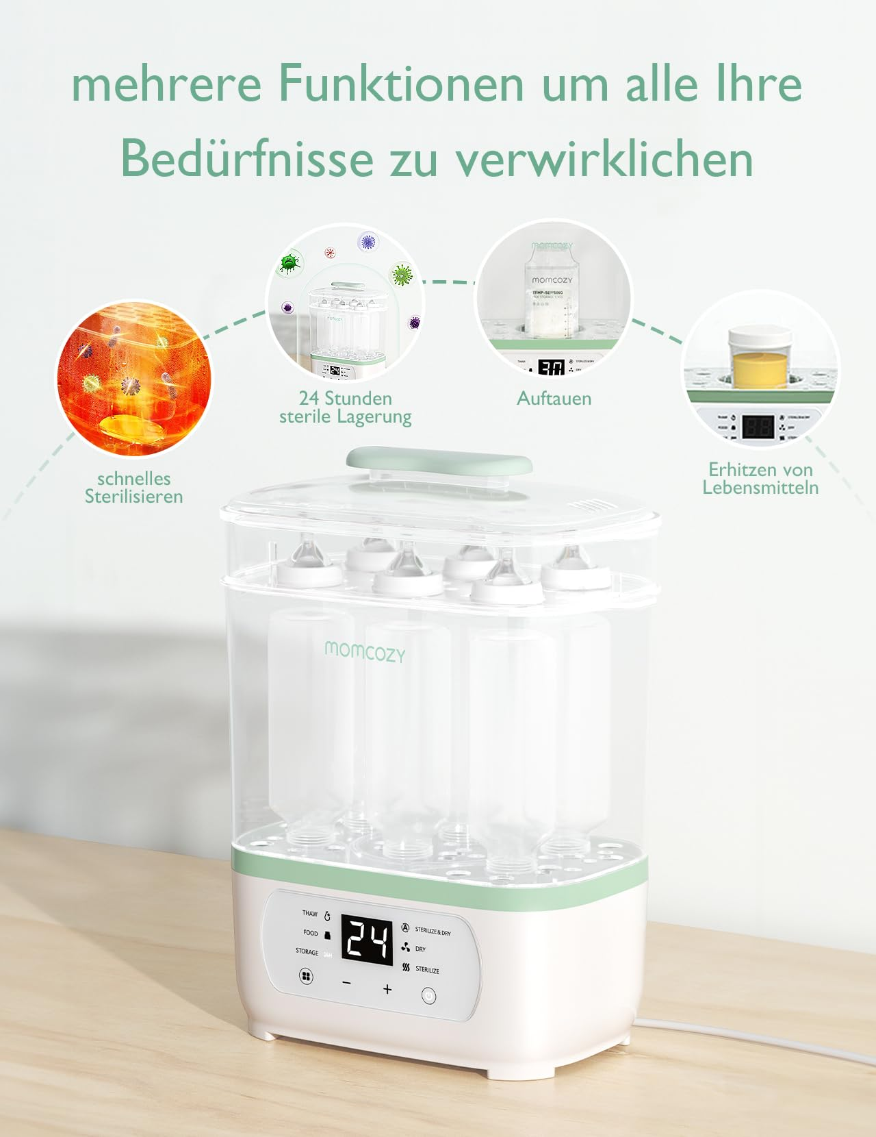 Un stérilisateur de biberons Momcozy avec quatre icônes circulaires montrant les fonctions de stérilisation et de chauffage.