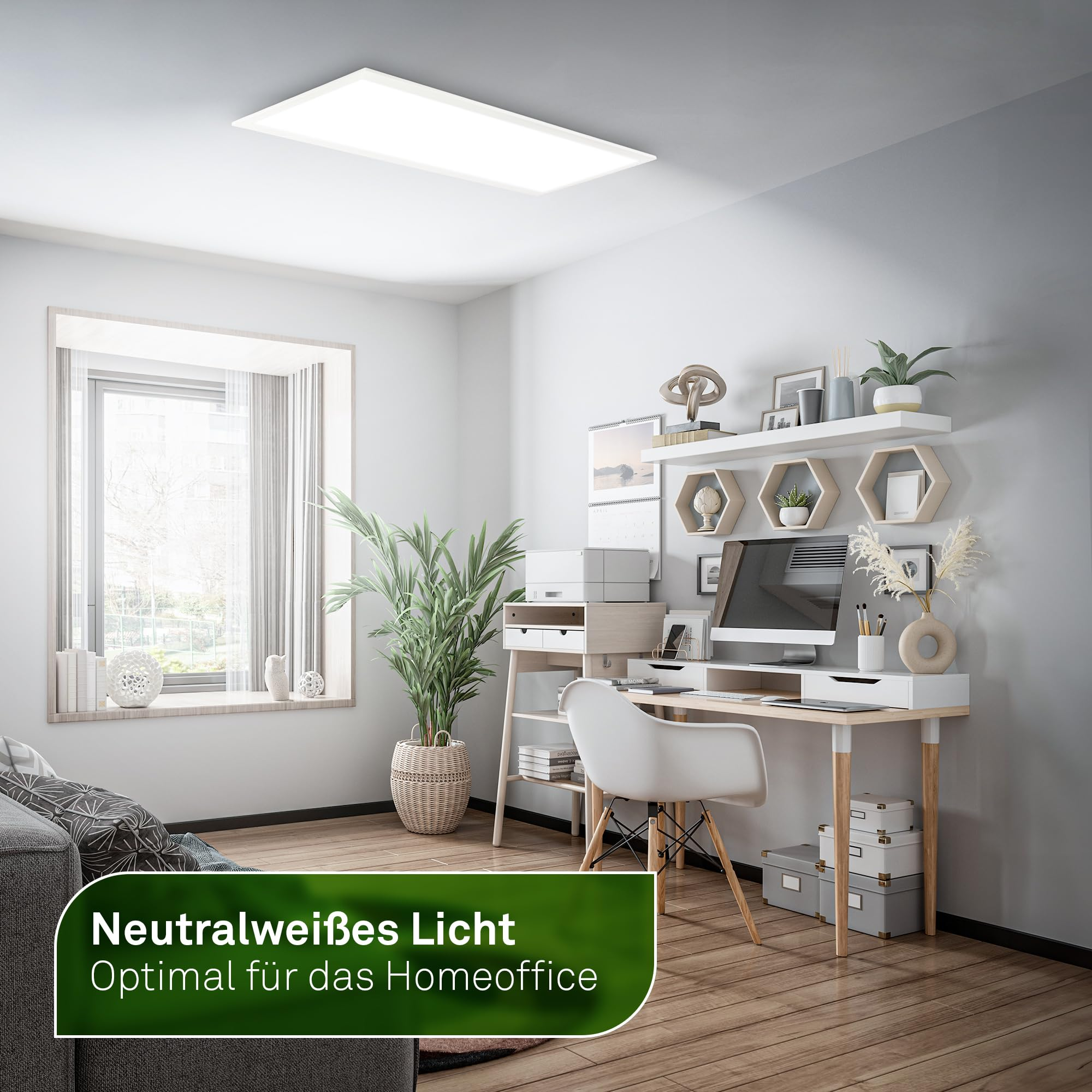 Una moderna plafoniera illumina un elegante home office con scrivania, piante e finestra.