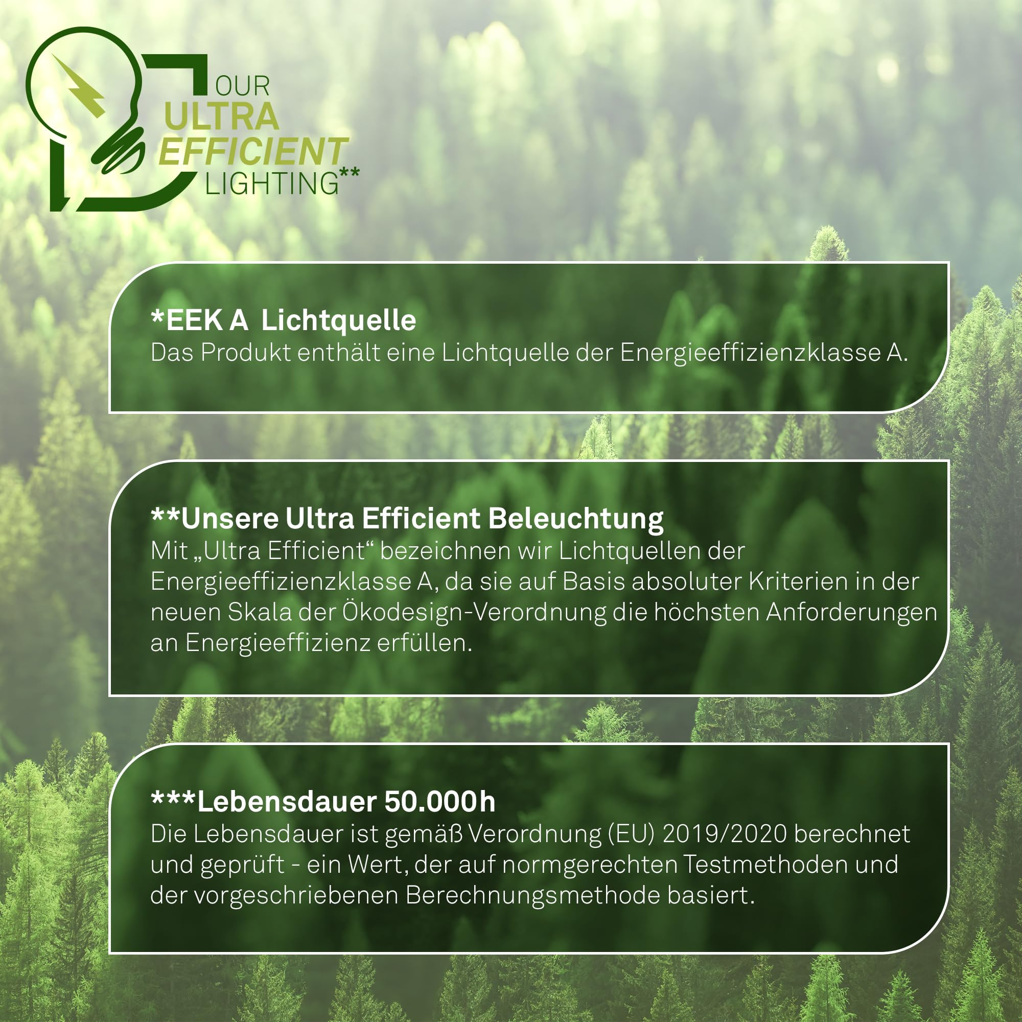 Infografica verde con testi su illuminazione ultra efficiente e classe di efficienza energetica A.