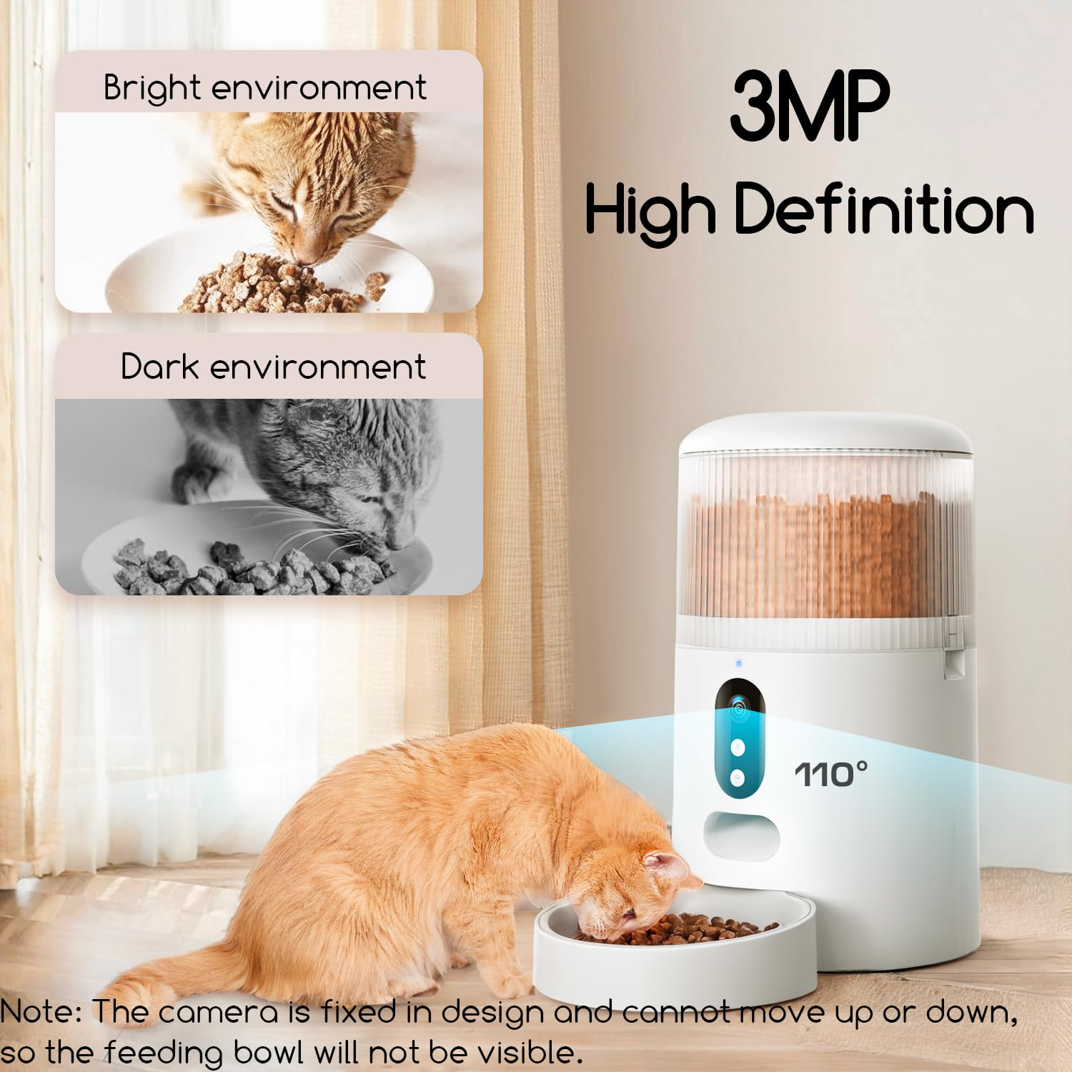 Un chat orange mange dans le bol d'un distributeur automatique de nourriture avec caméra.