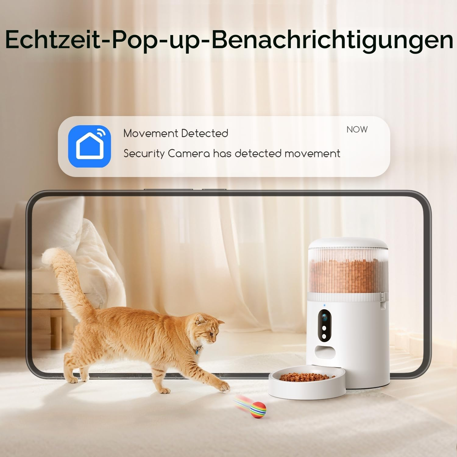 Une notification de smartphone indique qu'une caméra a détecté un mouvement près d'un chat et d'un distributeur.
