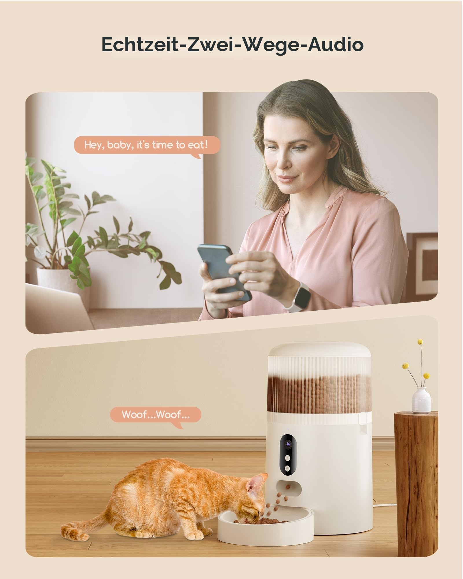 Une femme parle dans un smartphone tandis qu'un distributeur automatique nourrit un chat sur un sol en bois.