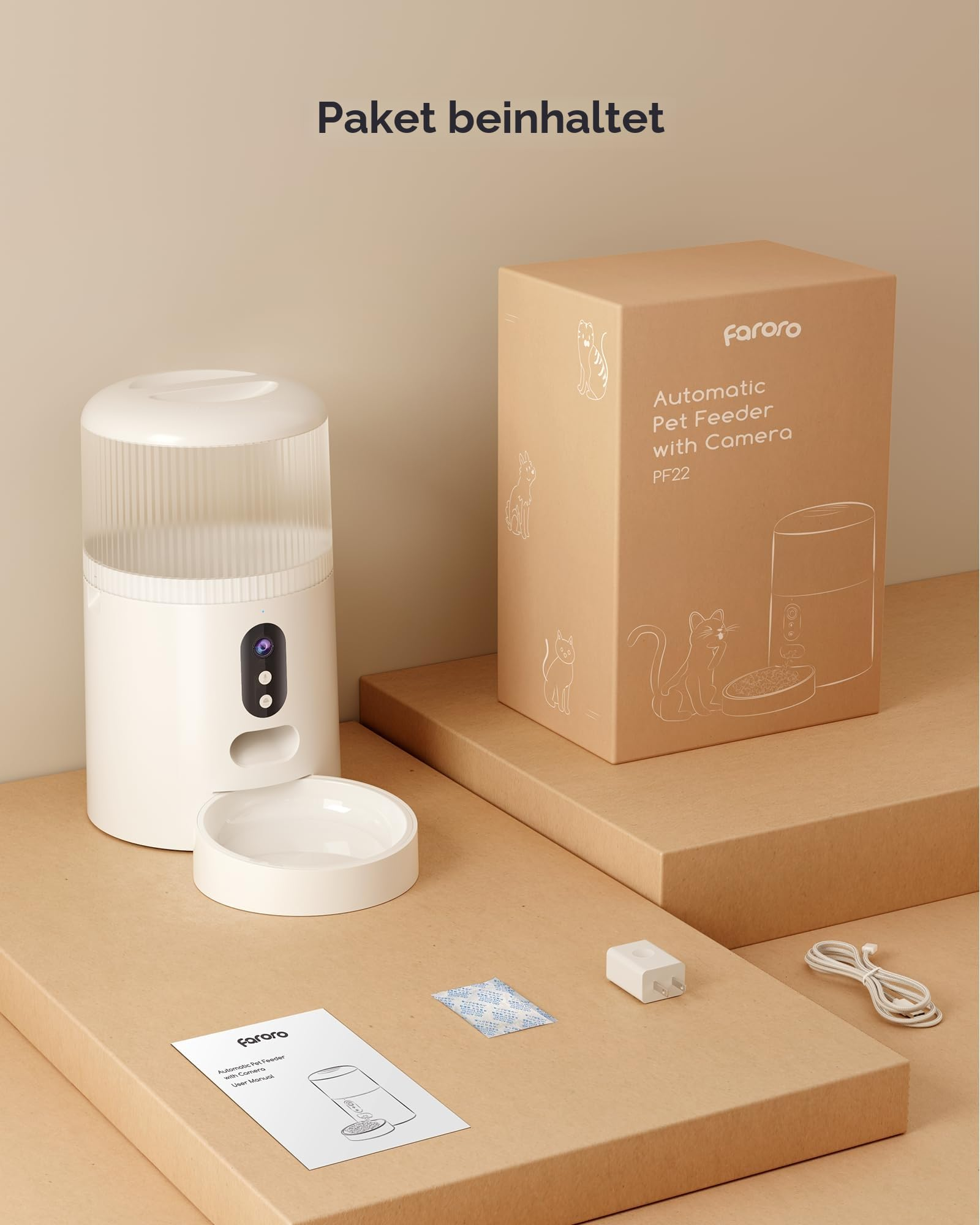 Distributeur automatique de nourriture Faroro avec caméra, boîte, manuel, adaptateur secteur et câble.