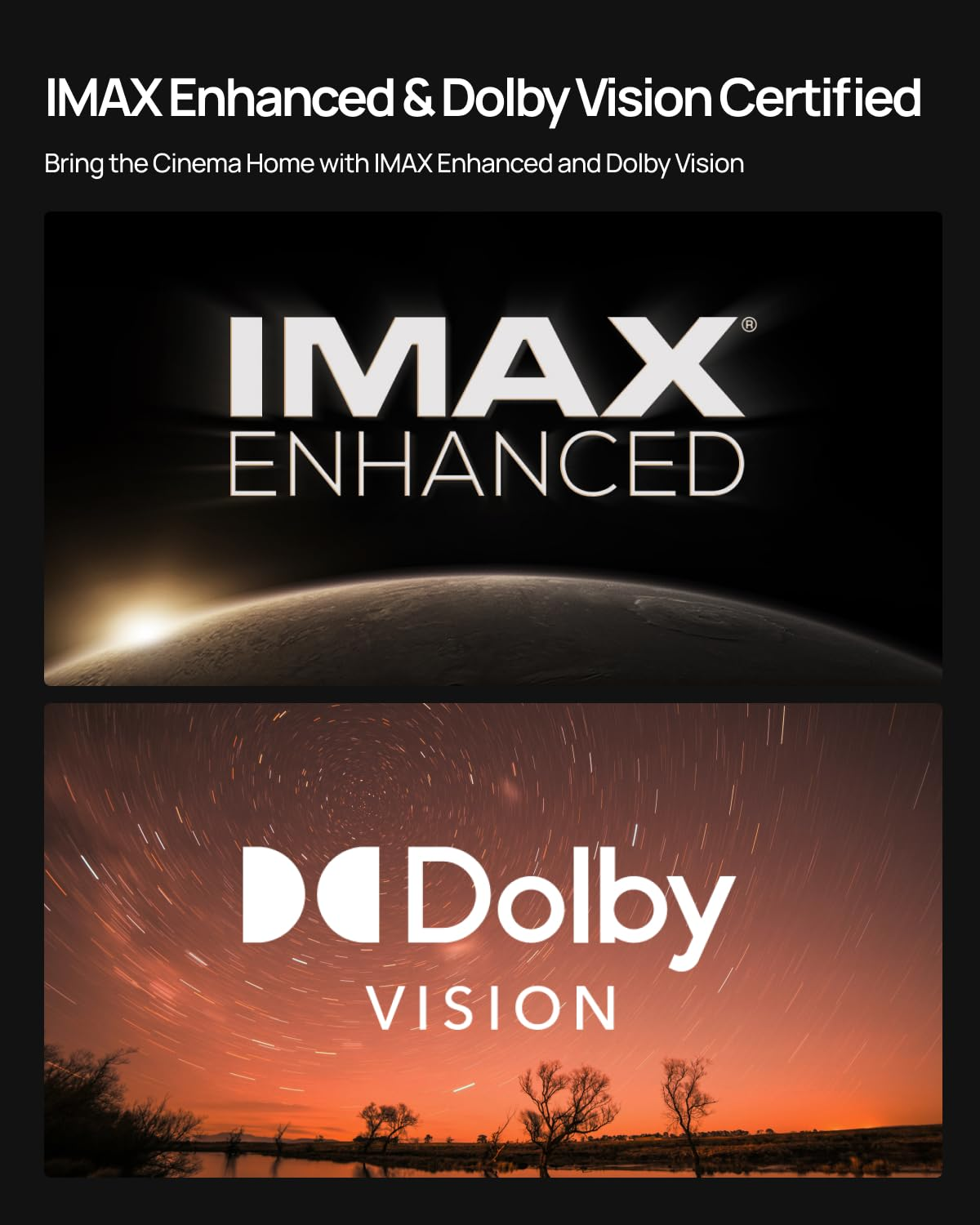 Logo home theater certificato IMAX Enhanced e Dolby Vision con immagini di pianeti e cielo stellato.