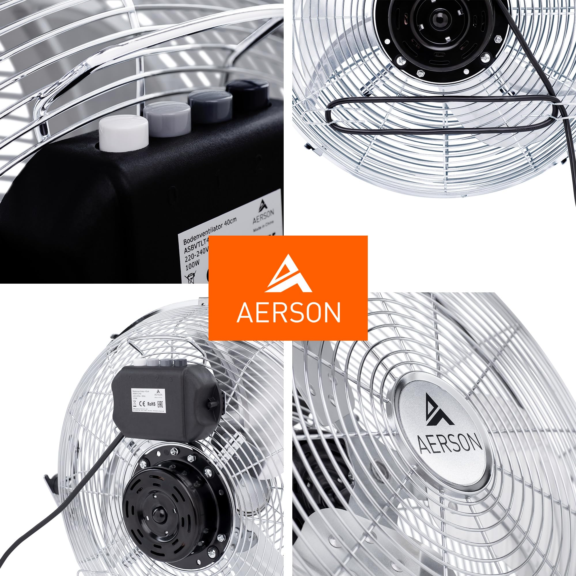 Quatre gros plans du ventilateur argenté Aerson montrant les commandes, le moteur et le logo.