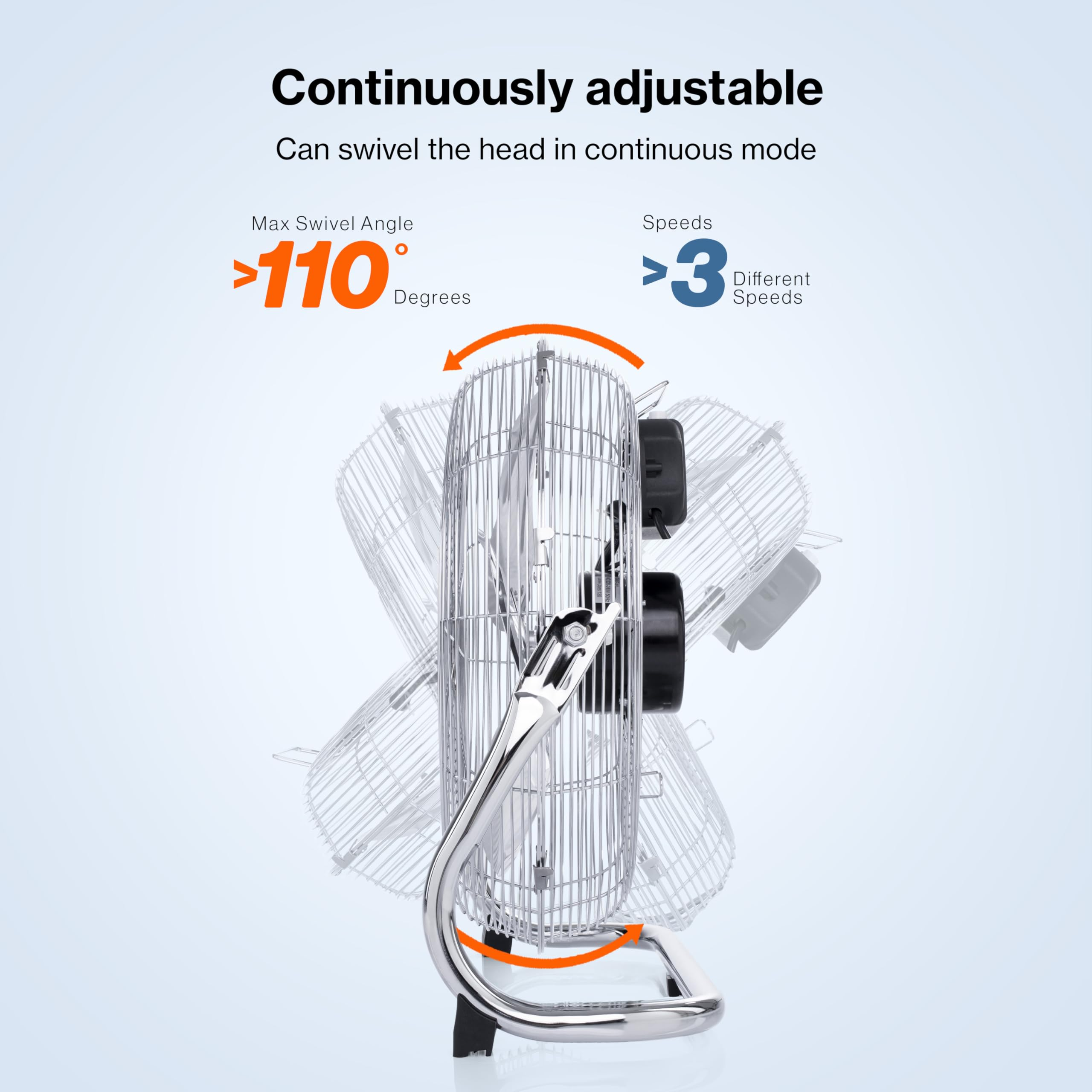 Ventilateur en métal avec angle de rotation de 110 degrés et 3 vitesses.