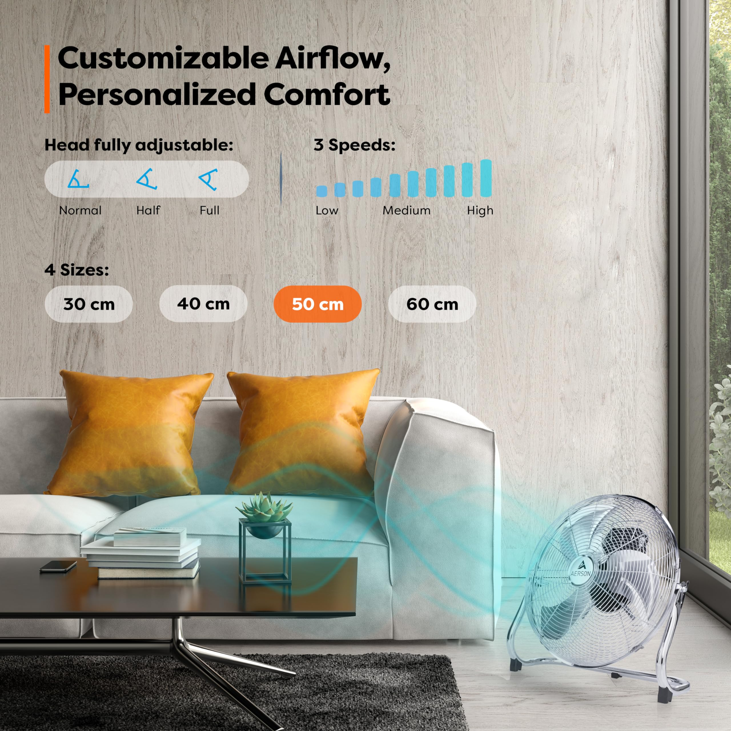 Un ventilateur de sol souffle de l'air vers un canapé blanc avec des coussins jaunes, avec du texte.